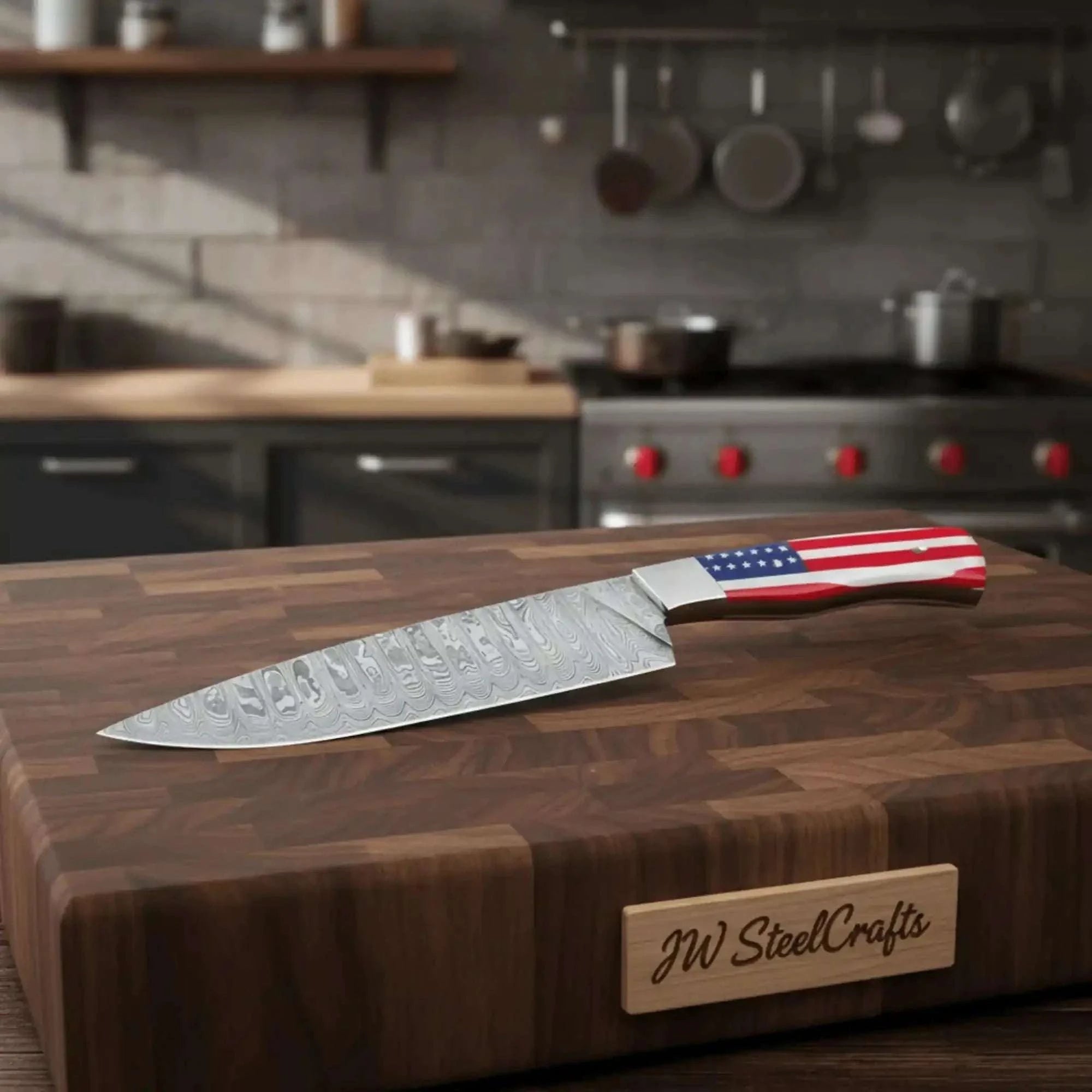Palmarius Outdoors Damascus Chef Knife USA Flag Resin Handle | Hand-Forged Performance Blade Damascus Steel Chef Knives
