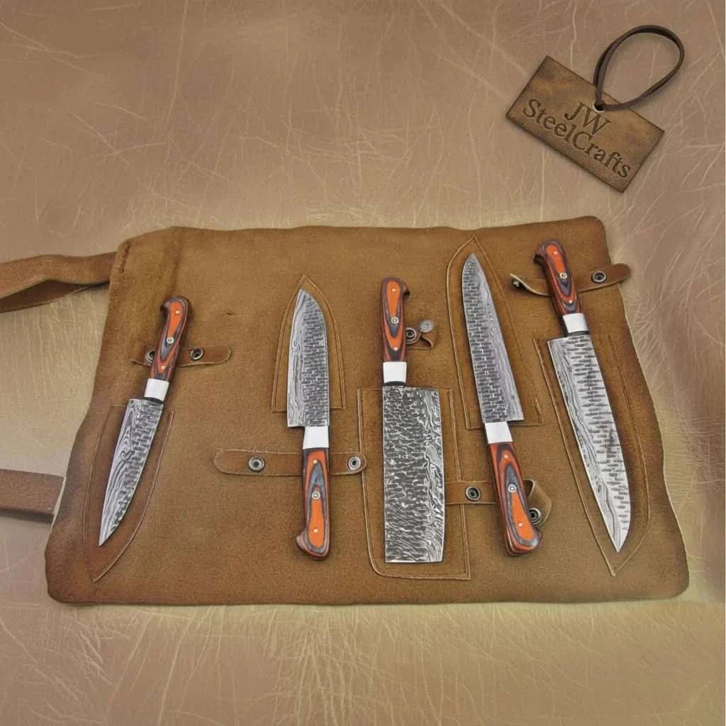 Palmarius Outdoors 5-Piece Damascus Knife Set Orange Black Pakka Wood Handles with Hammered Tsuchime Blades Handmade Chef Knife Sets