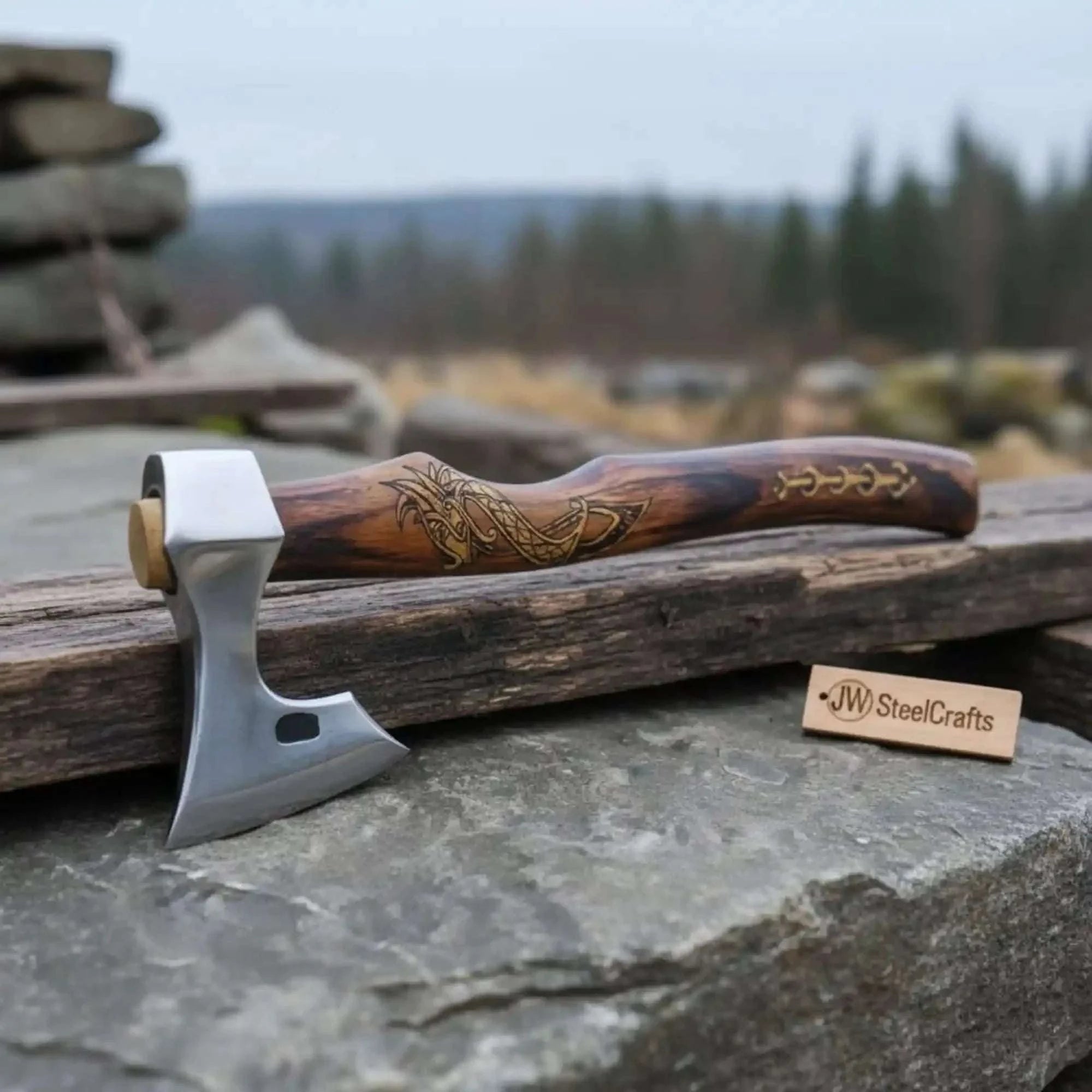 Palmarius Outdoors Skeggox Bearded Hatchet with Engraved Dragon Handle Handmade Axe