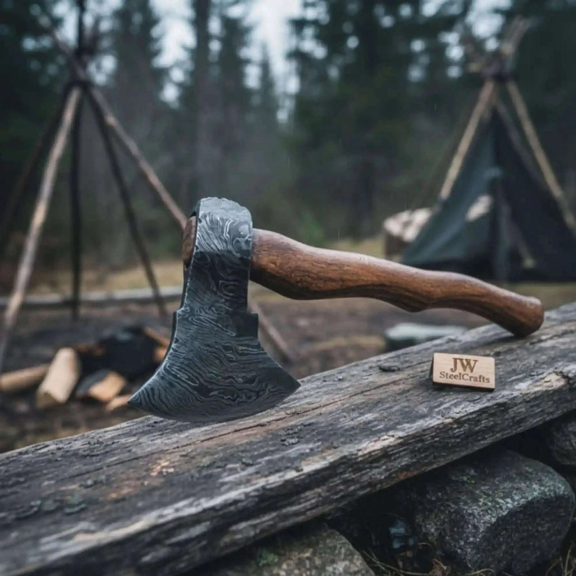 Palmarius Outdoors Damascus Scandinavian Carving Axe with Curved Hardwood Handle Handmade Axe