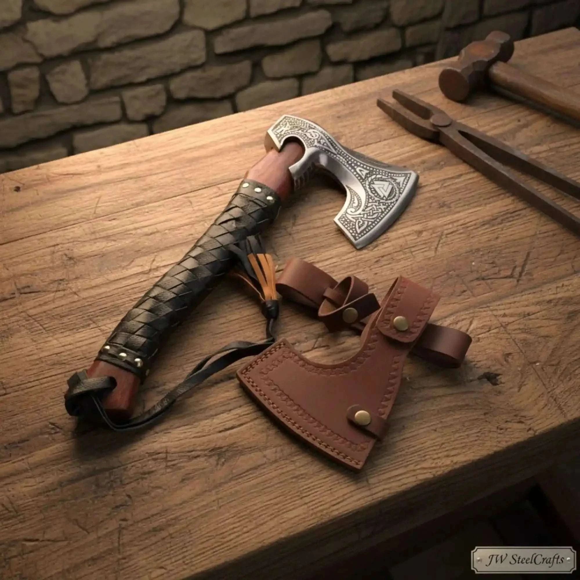 Palmarius Outdoors Viking Rune Engraved Bearded Hatchet with Leather Wrapped Handle Handmade Axe