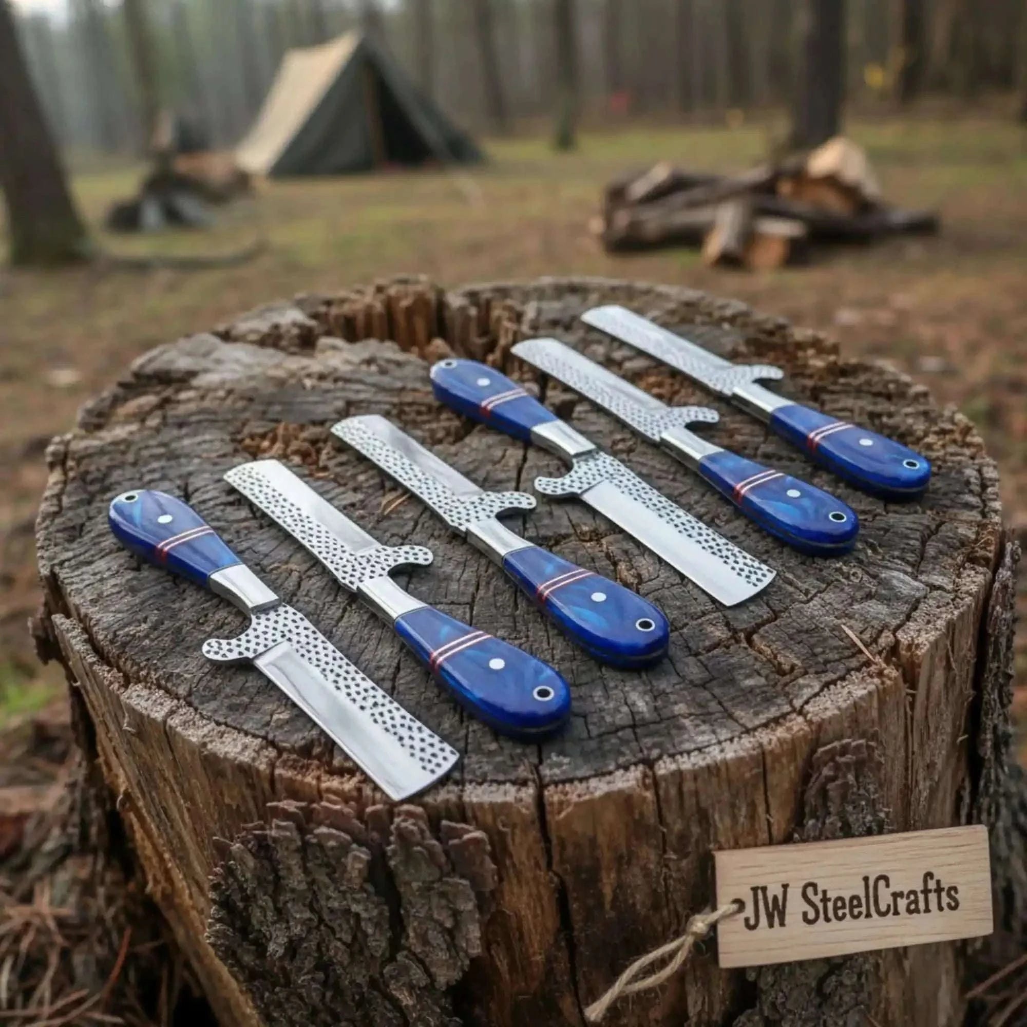 Palmarius Outdoors Handmade 6-Piece Ranch Bull Cutter Knife Set with Blue Resin Handles Hunting Knife