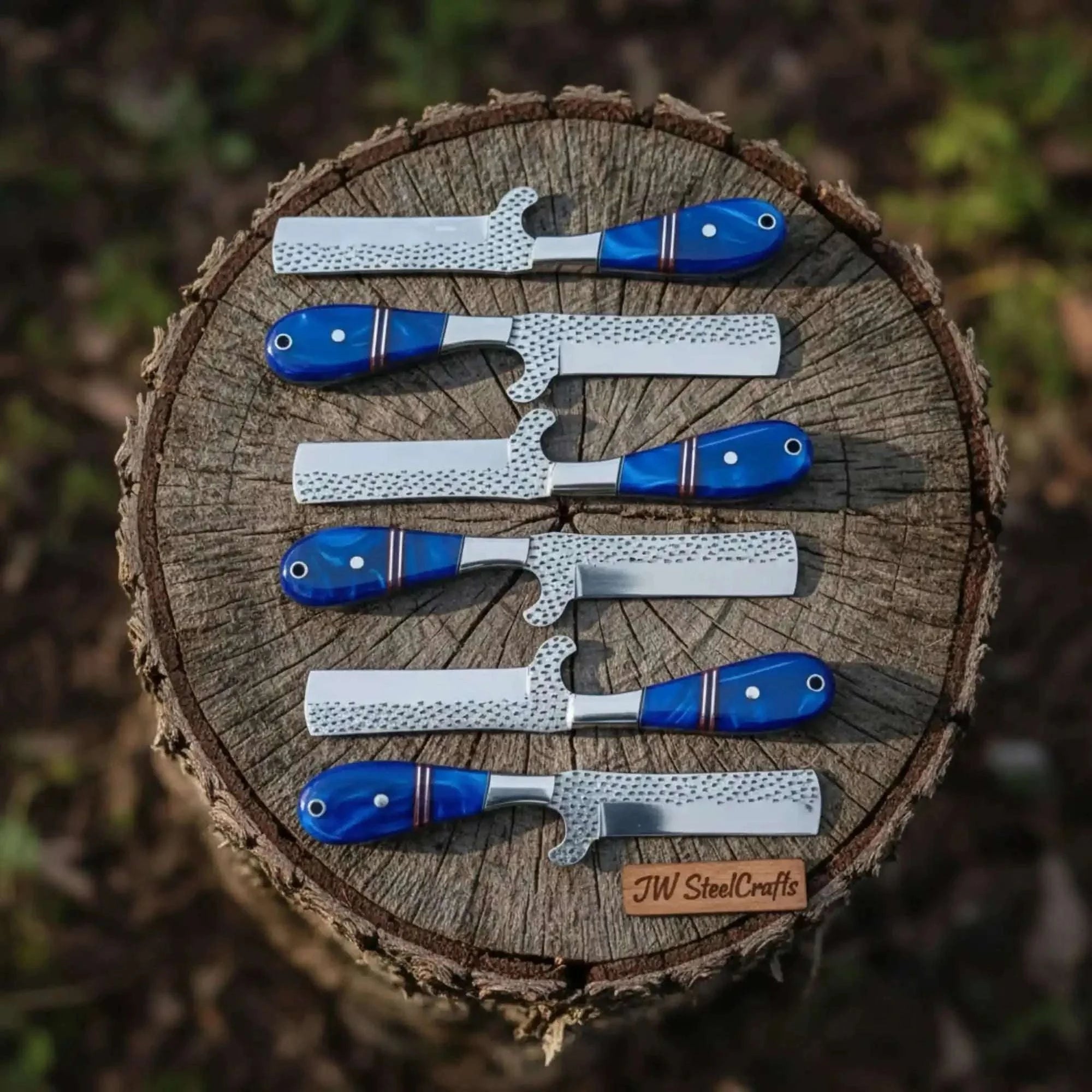 Palmarius Outdoors Handmade 6-Piece Ranch Bull Cutter Knife Set with Blue Resin Handles Hunting Knife