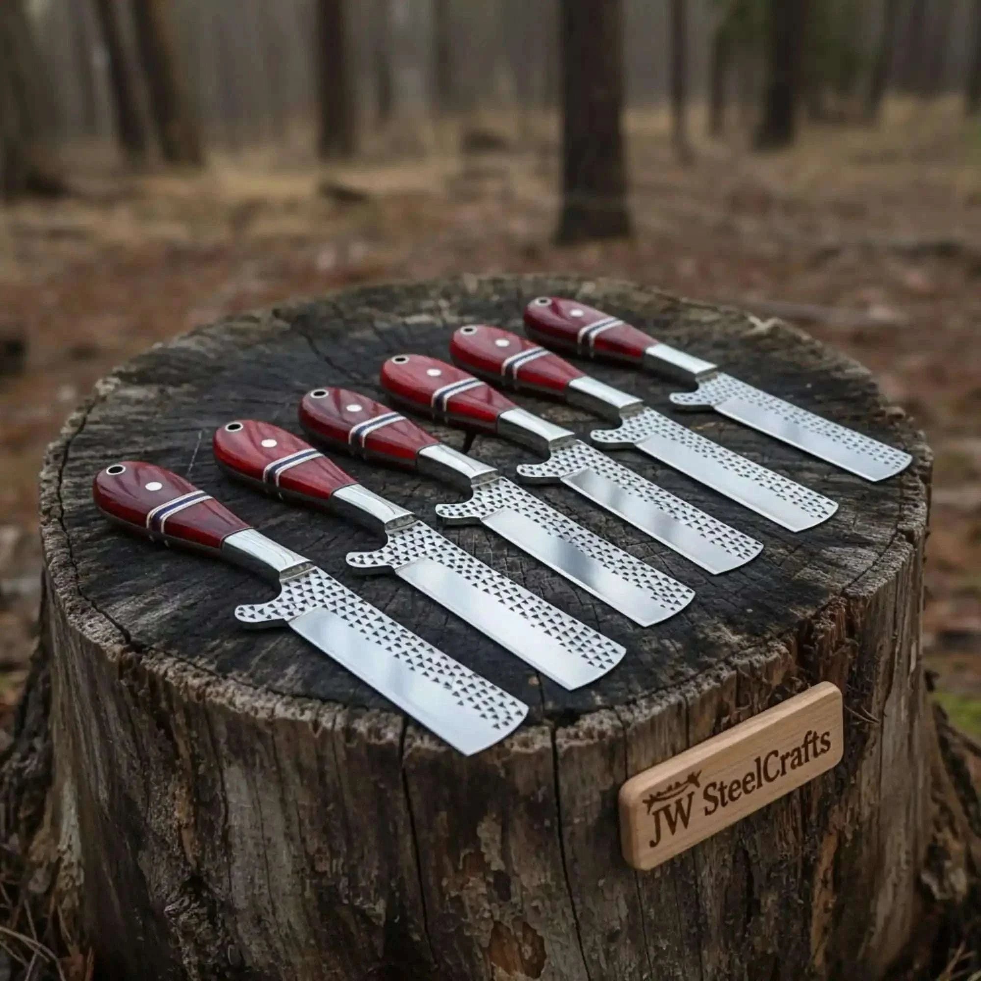 Palmarius Outdoors Handmade Rasp Steel Ranch Bull Cutter Knife Set with Red Resin Handles Damascus Knife