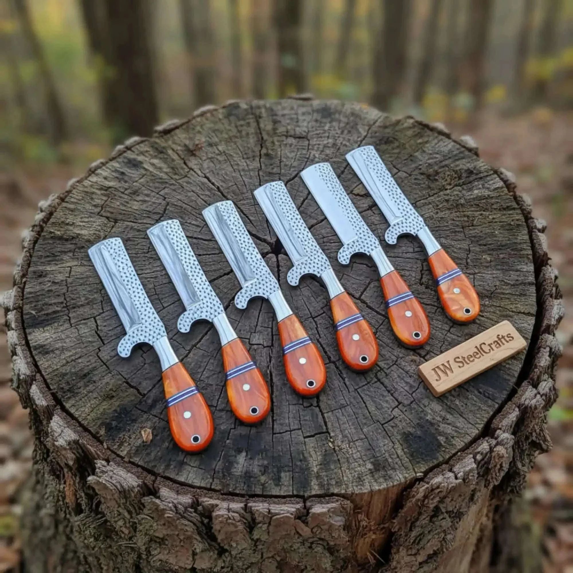 Palmarius Outdoors 6-Piece Custom Handmade Ranch Scraper Tool Set with Orange Resin Handles Damascus Knife