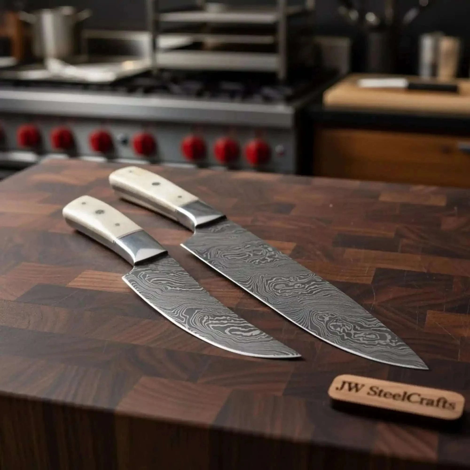 Palmarius Outdoors 2-Piece Damascus Chef Knife Set — 10 & 8 Inch Wave Pattern Blades, White Camel Bone Handles & Steel Bolsters | JW Steel Crafts Damascus Steel Chef Knives