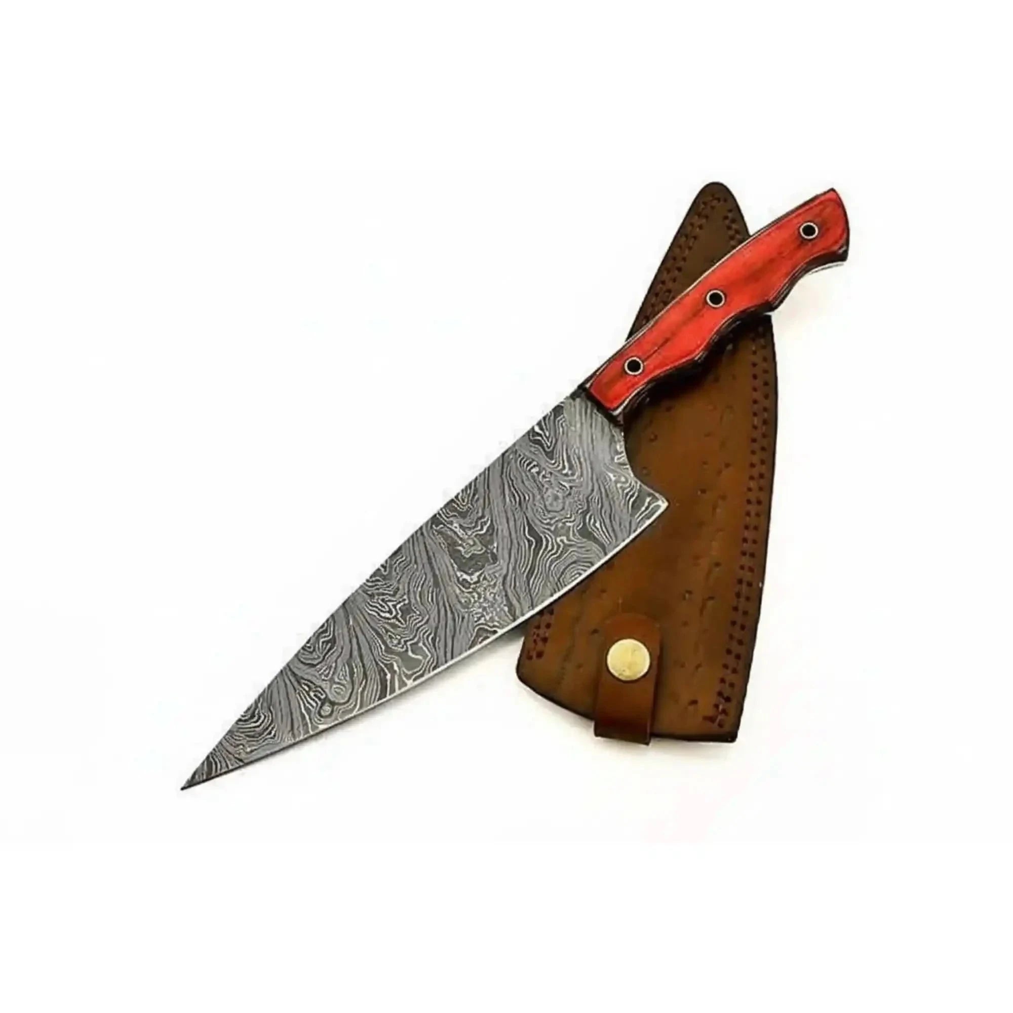 Palmarius Outdoors Custom Forged Damascus Camp Chef Knife — Traditional German Butcher-Style Blade with Red Wood Handle Chef Knives