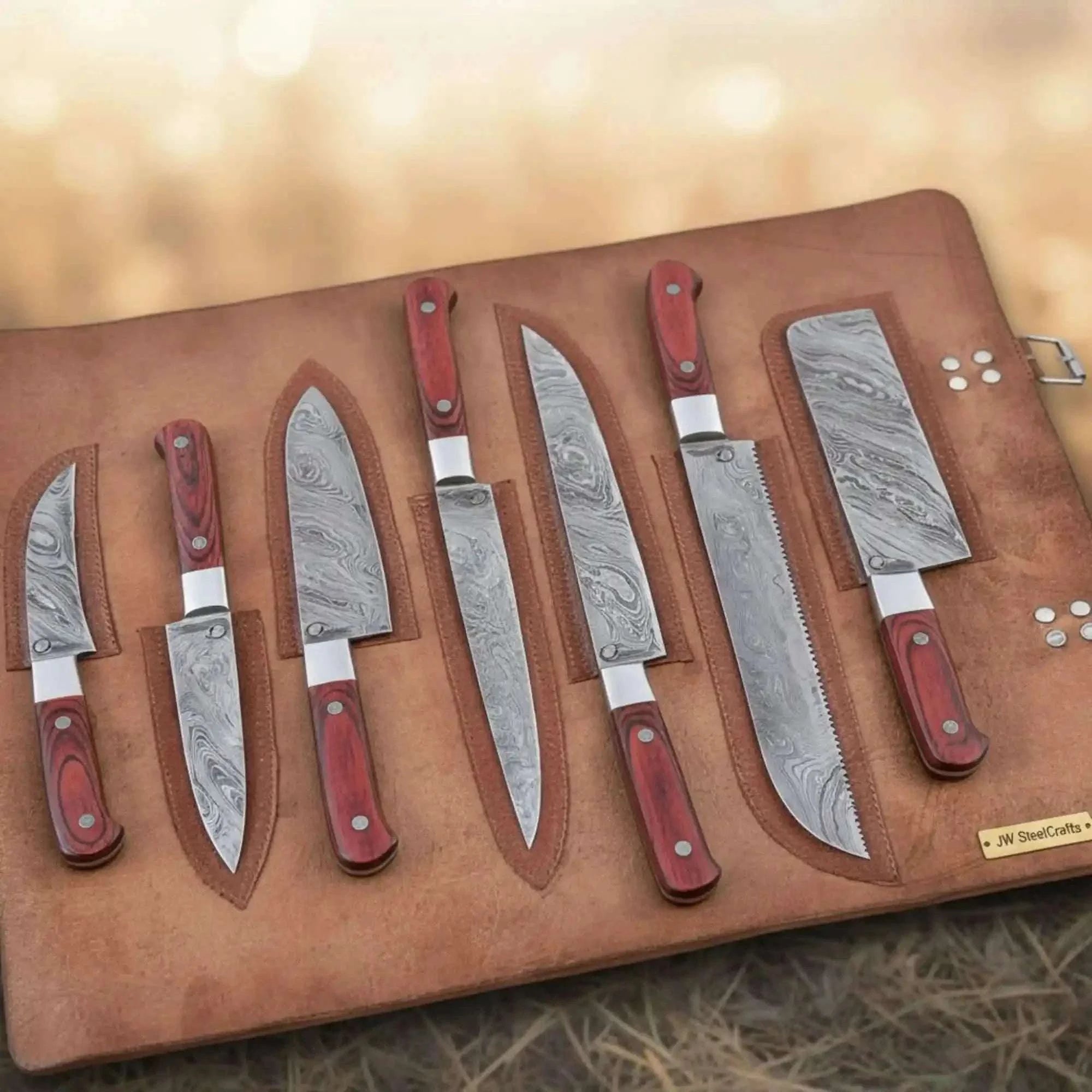 Palmarius Outdoors Hammer-Forged Damascus Chef & Utility Knife Set in Leather Roll – Red Pakka Wood Handles, Full Tang Handmade Chef Knife Sets