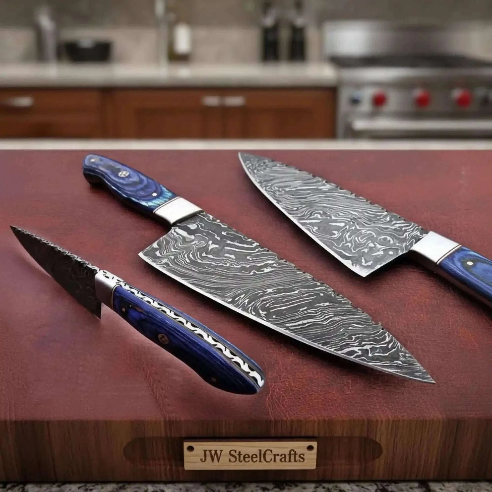 Palmarius Outdoors Hand-forged Fire Damascus Full-Tang Kitchen Knife – Blue Pakka Wood Chef Knife