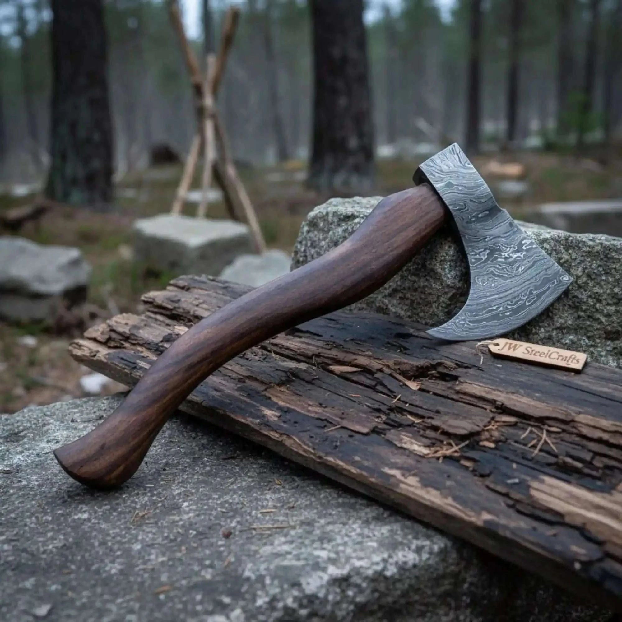 Palmarius Outdoors Handmade Damascus Steel Tomahawk Axe – Hand Forged Bearded Hatchet with Curved Hardwood Handle for Camping and Bushcraft | JW SteelCrafts Handmade Axe