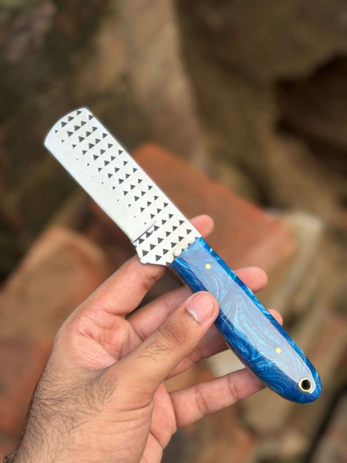 Palmarius Outdoors Handmade Farrier Bull Rasp Knife 8" with blue and white swirl resin handle 