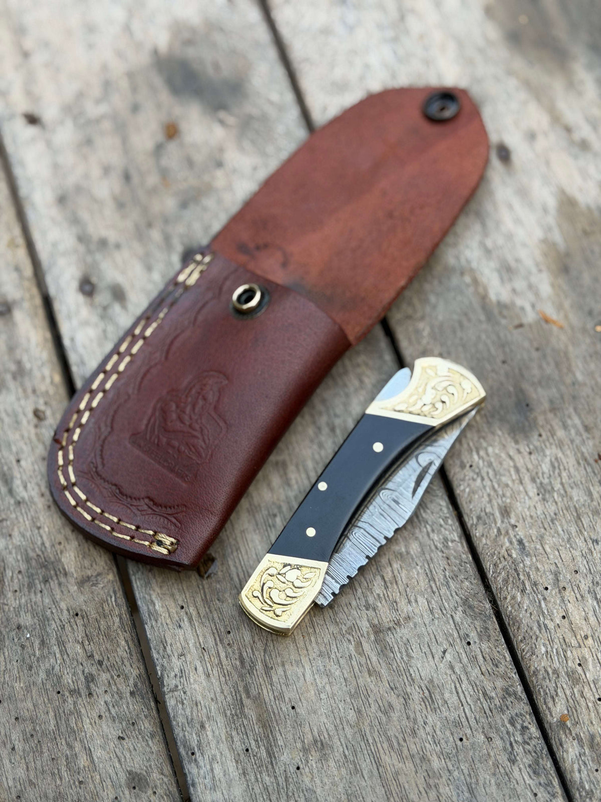 Palmarius Outdoors Handmade Brass Crown Folding Hunter 8" with black resin and horn handle Folding Knife
