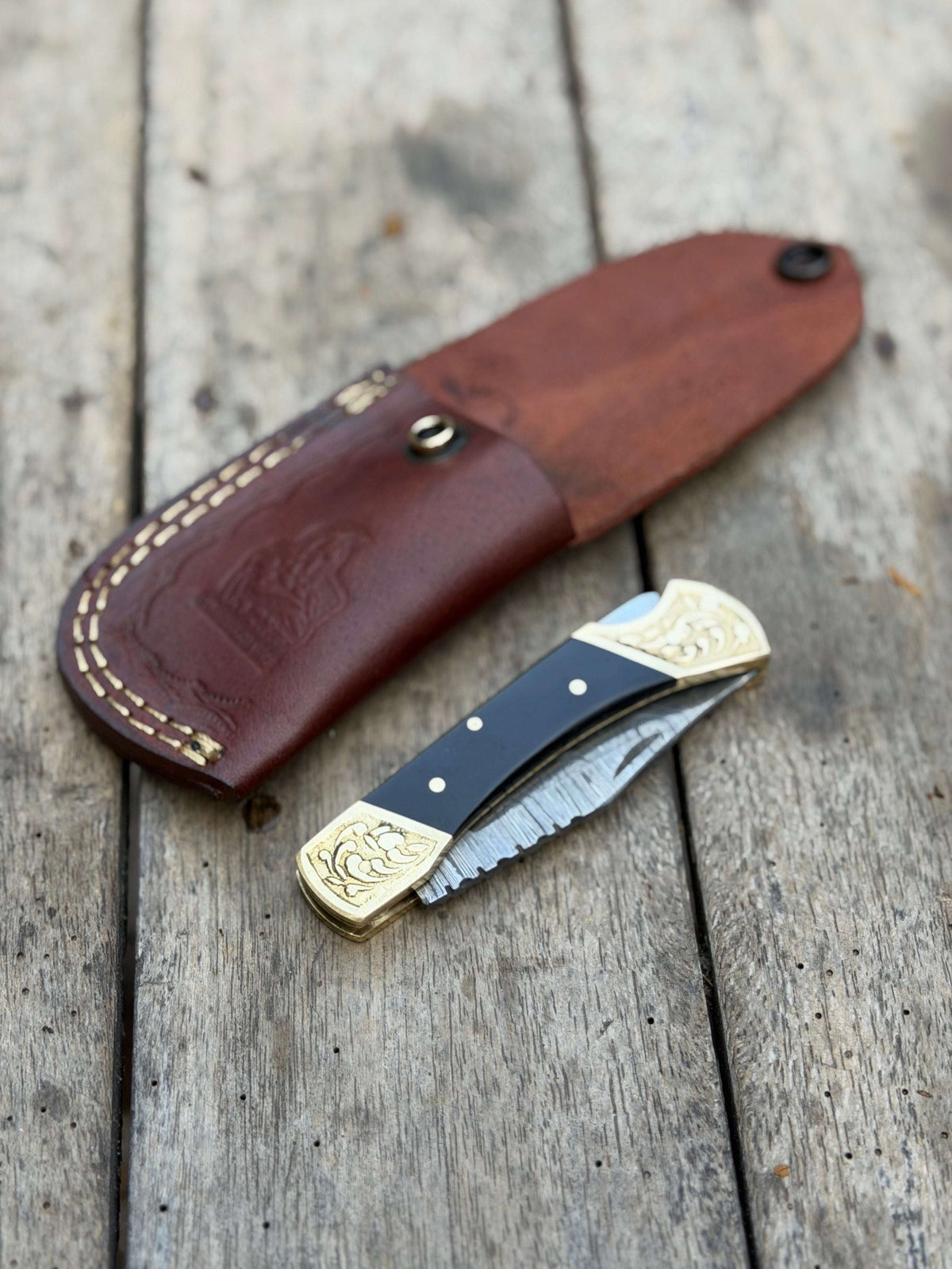 Palmarius Outdoors Handmade Brass Crown Folding Hunter 8" with black resin and horn handle Folding Knife