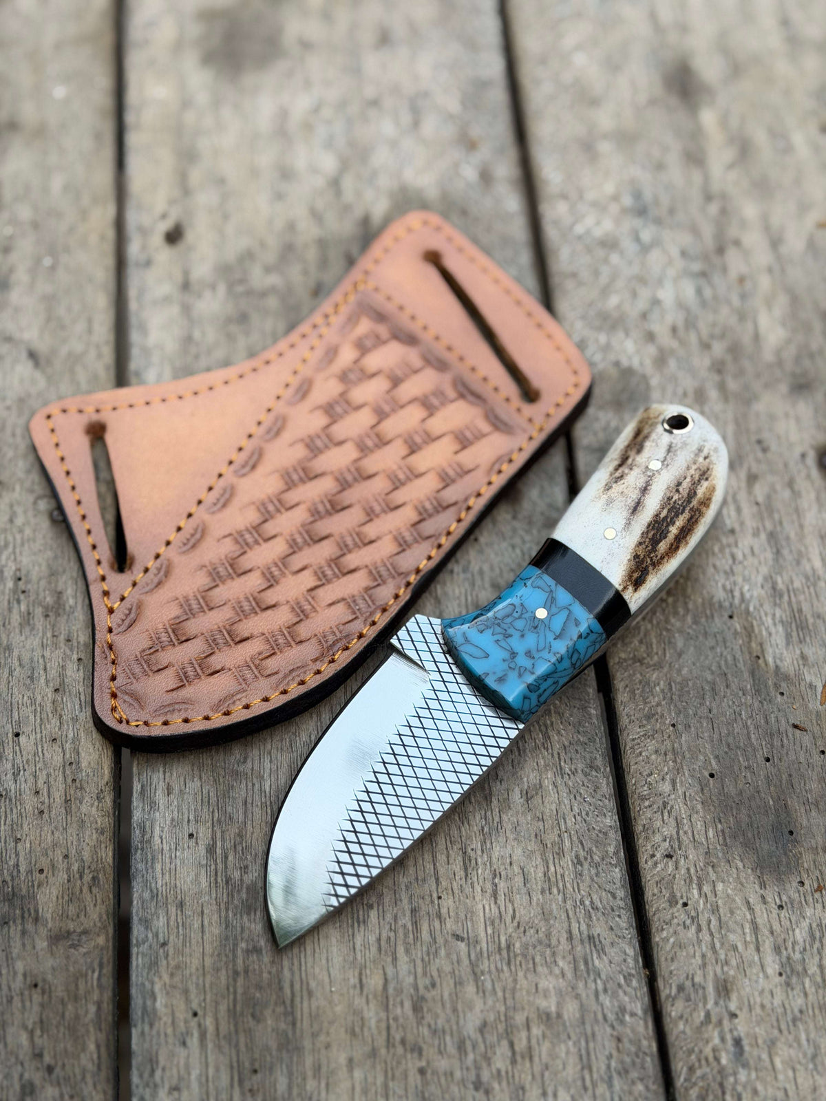 Palmarius Outdoors Handmade Turquoise Antler Skinner Duo set of 2 with natural stag antler handles Skinner Knife