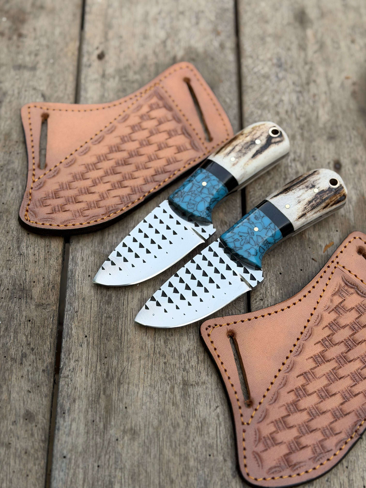 Palmarius Outdoors Handmade Turquoise Antler Skinner Duo set of 2 with natural stag antler handles Skinner Knife