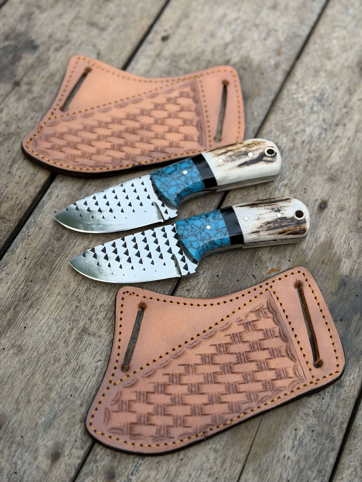 Palmarius Outdoors Handmade Turquoise Antler Skinner Duo set of 2 with natural stag antler handles Skinner Knife