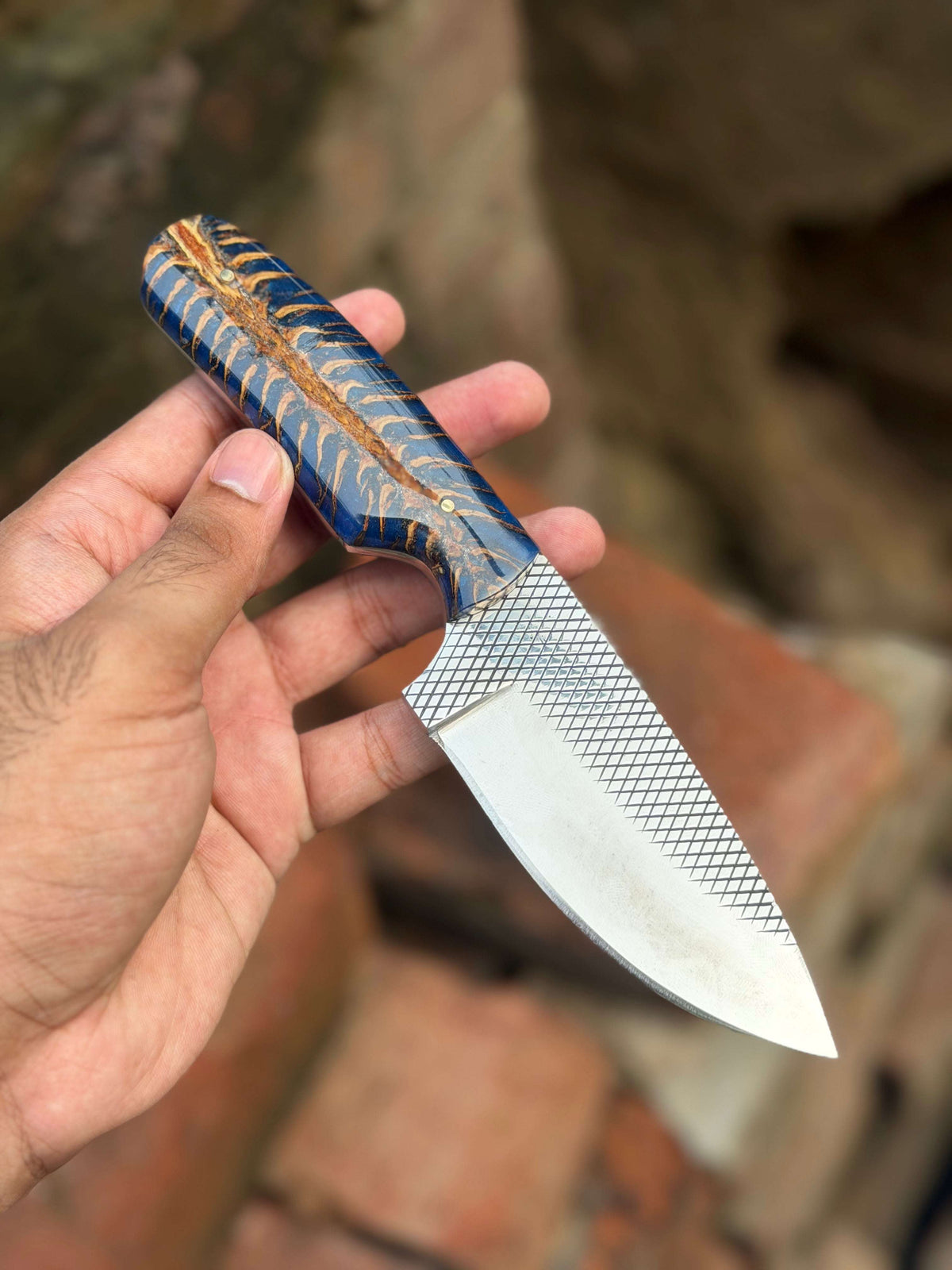 Palmarius Outdoors Handmade Blue Rustler Cowboy Knife 9" with blue and brown swirl resin handle cowboy knives