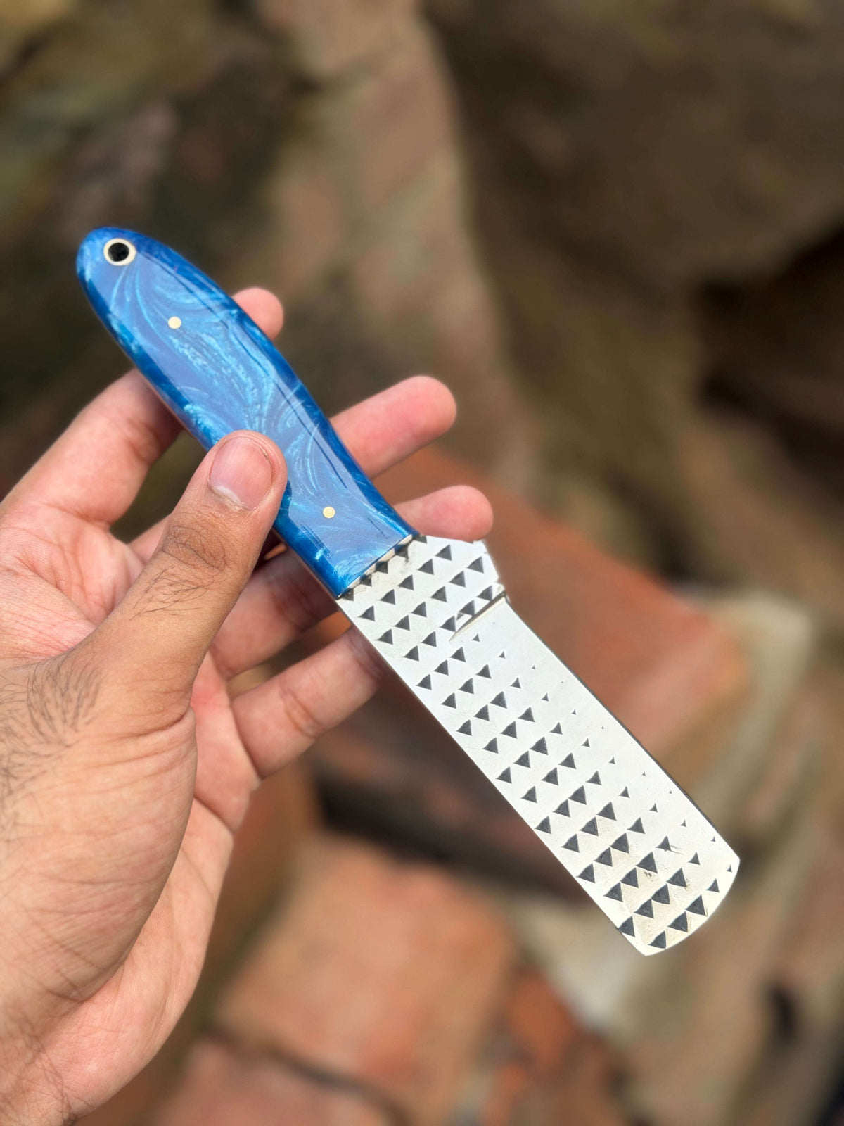 Palmarius Outdoors Handmade Farrier Bull Rasp Knife 8" with blue and white swirl resin handle 