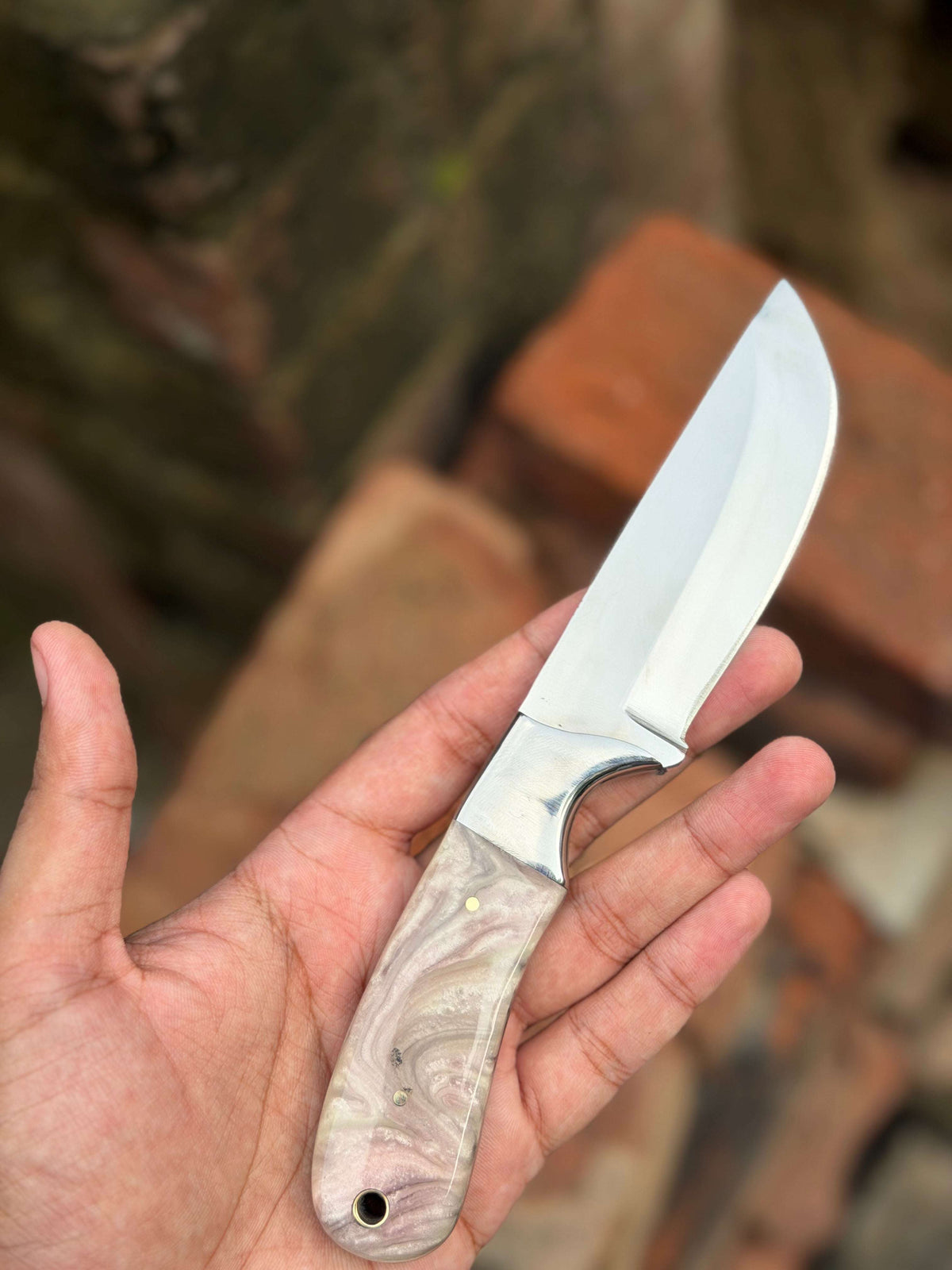 Palmarius Outdoors Handmade Pearl Ash Skinning Knife 9" with pearl white and grey marble resin handle Skinner Knife