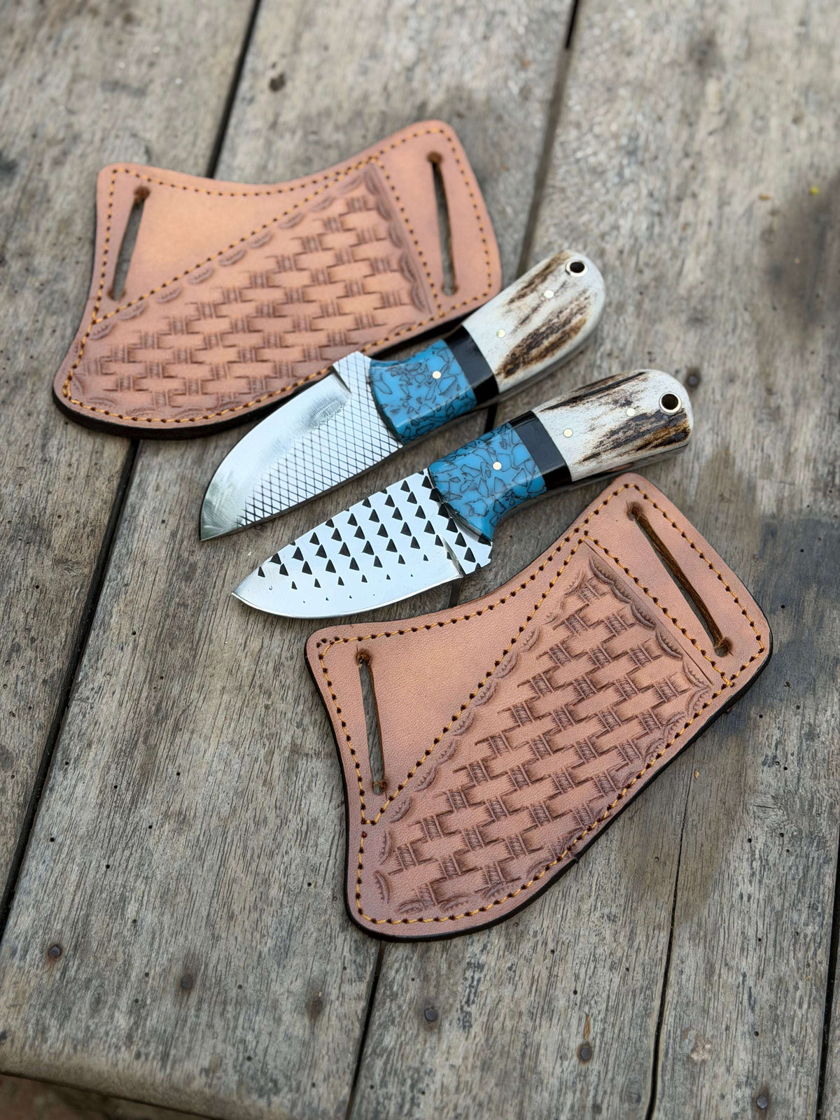 Palmarius Outdoors Handmade Turquoise Antler Skinner Duo set of 2 with natural stag antler handles Skinner Knife