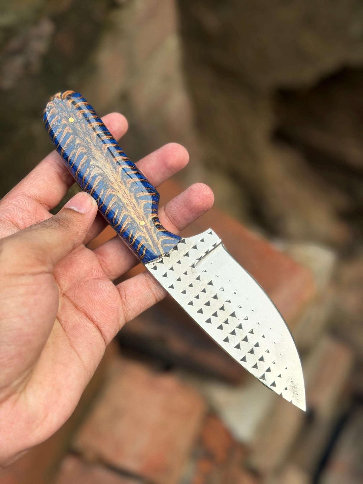 Palmarius Outdoors Handmade Blue Rustler Cowboy Knife 9" with blue and brown swirl resin handle cowboy knives