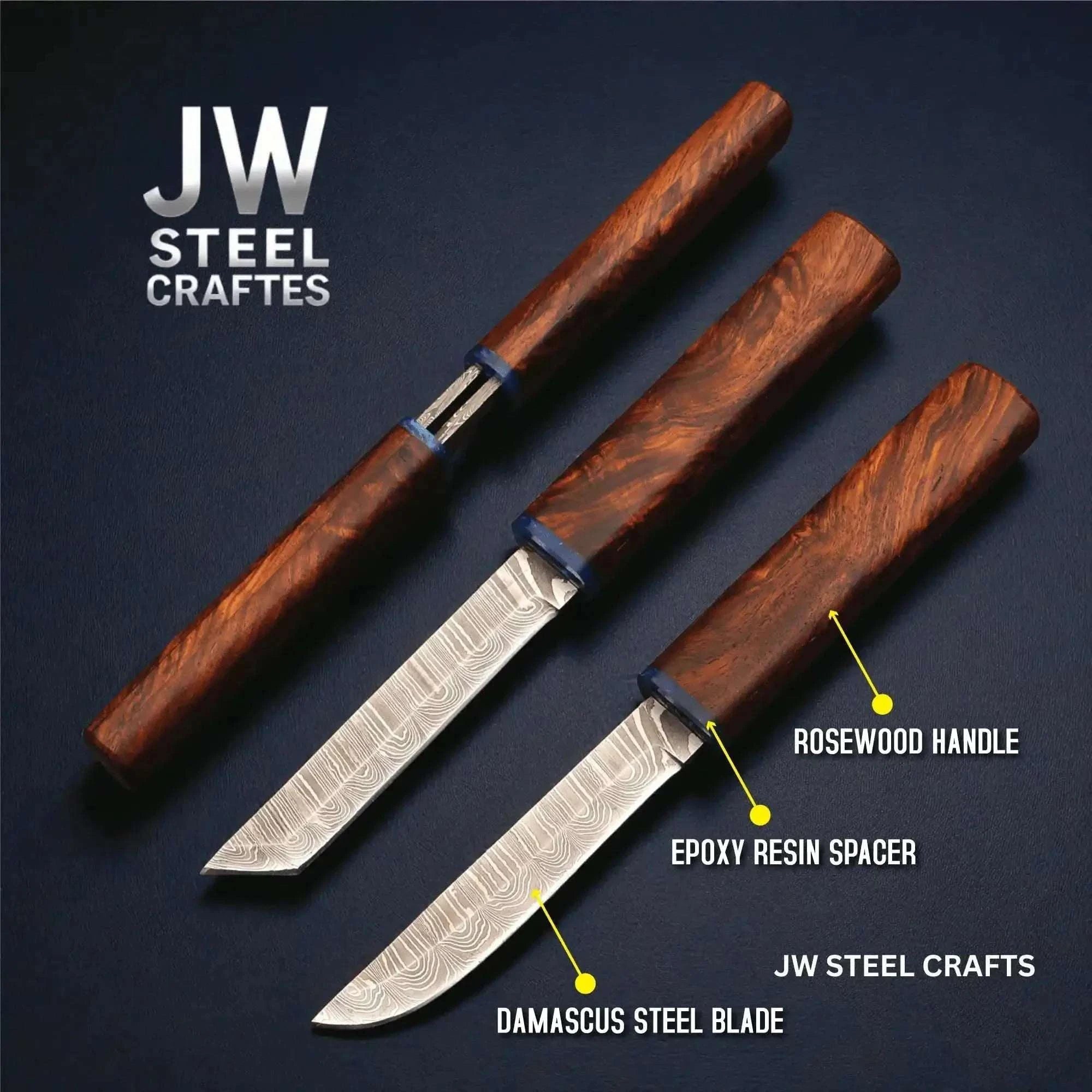 Palmarius Outdoors Damascus Utility Knife — 5-Inch Blade, Natural Rosewood Handle, Blue Epoxy Resin Spacer and Interlocking Wood Scabbard Skinner Knife