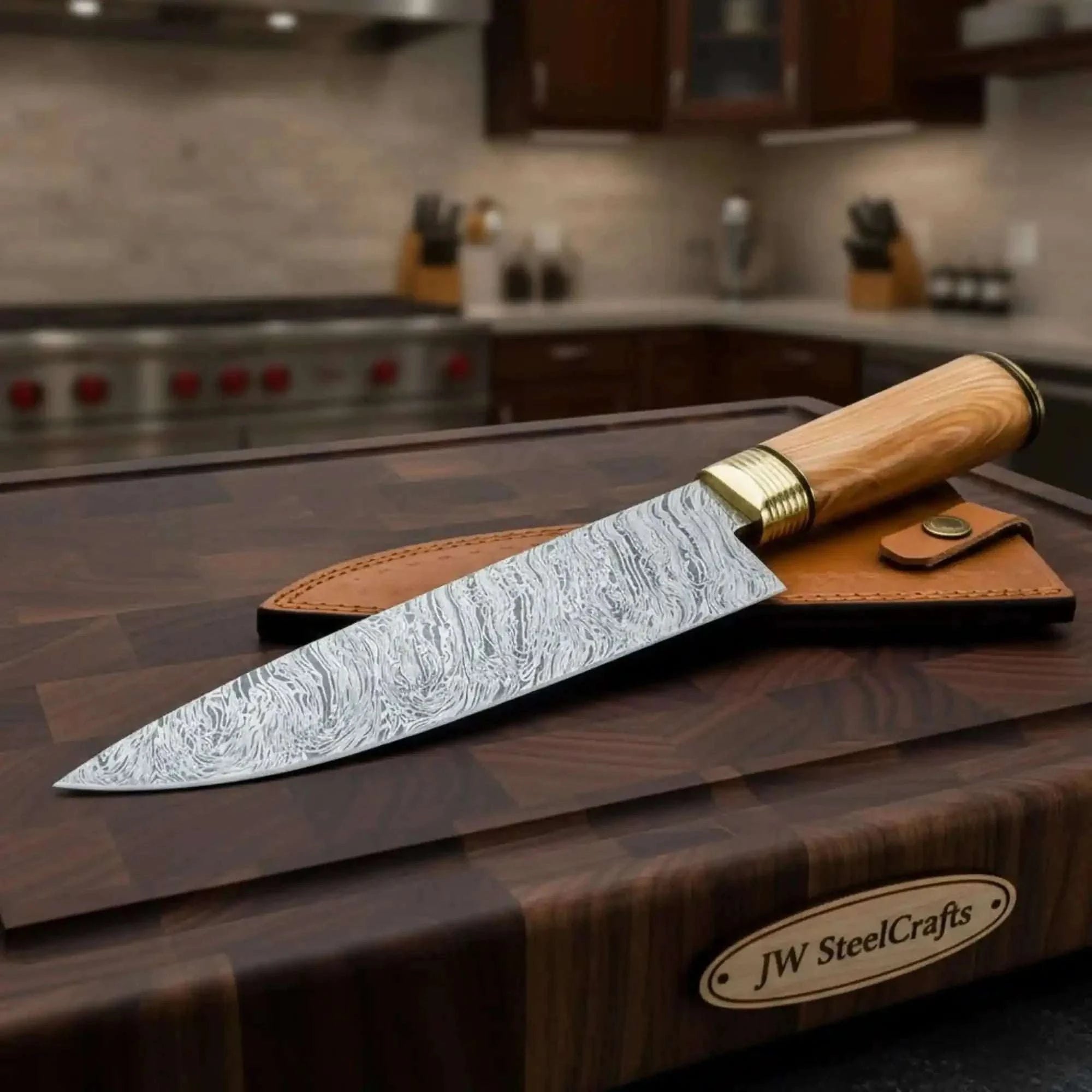 Palmarius Outdoors 12 Inch Overall Fire Damascus Gyuto Chef Knife – Natural Olive Wood Handle and Solid Brass Bolster, Full Tang Damascus Steel Chef Knives