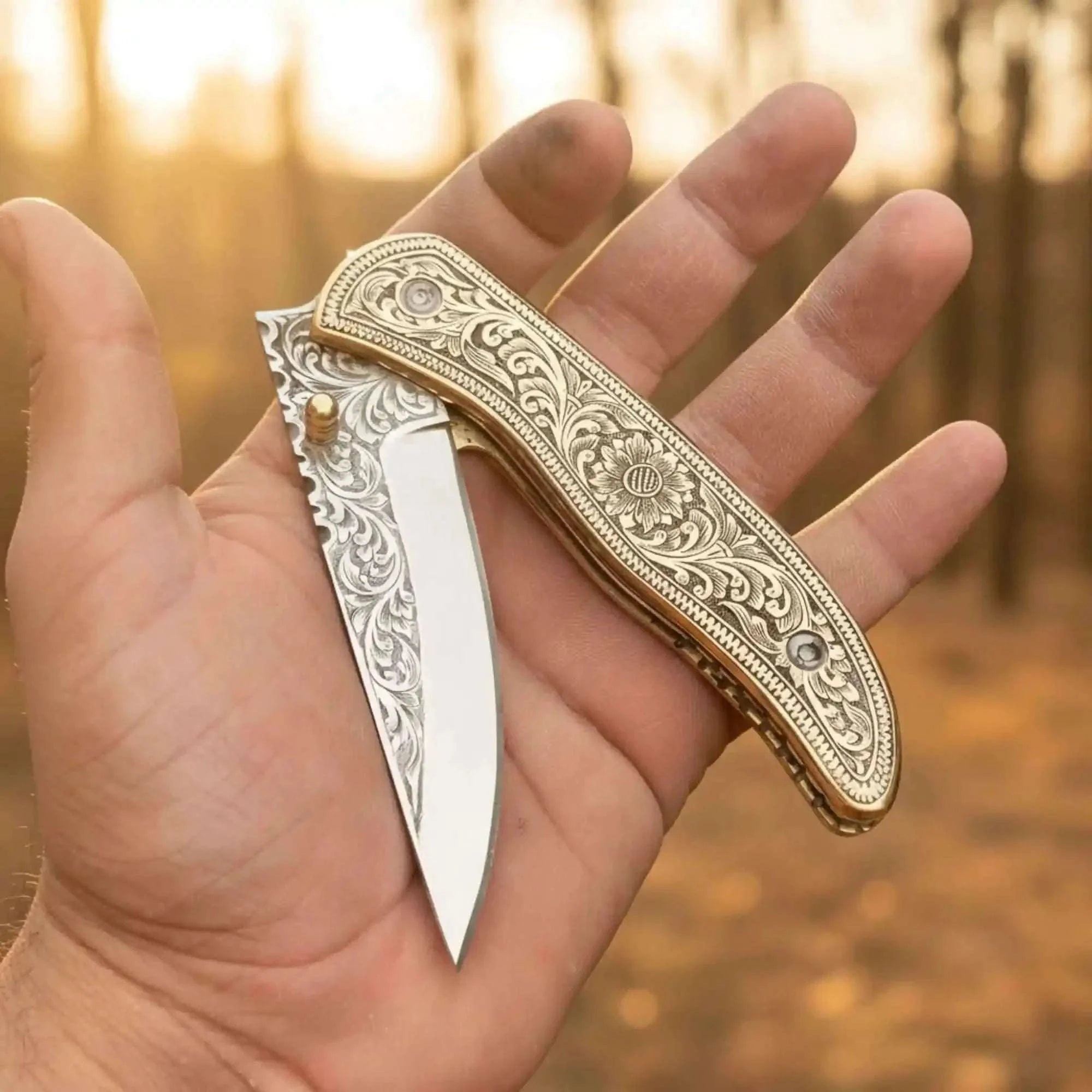 Palmarius Outdoors Handmade Floral Engraved Brass Folding Knife for EDC Liner Lock Folder