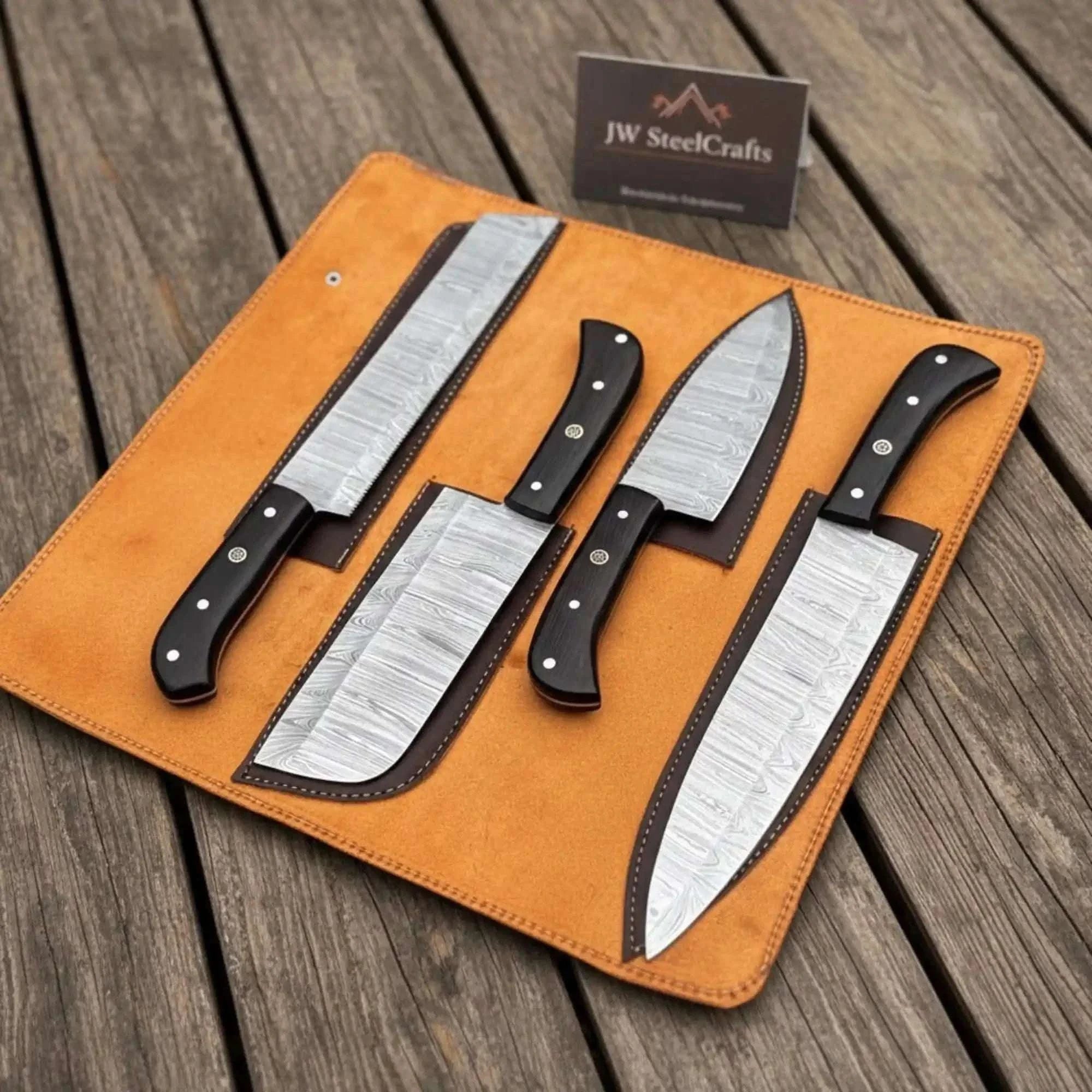 Palmarius Outdoors 4-Piece Damascus Steel Kitchen Knife Set — Chef, Santoku, Cleaver & Utility Handmade Chef Knife Sets