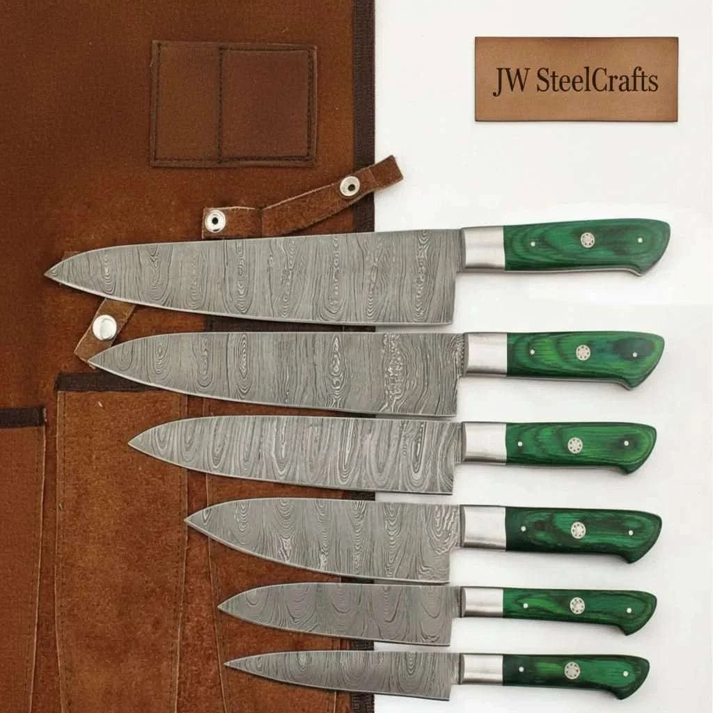 Palmarius Outdoors 6-piece handmade Damascus chef knife set with green pakkawood handles Handmade Chef Knife Sets