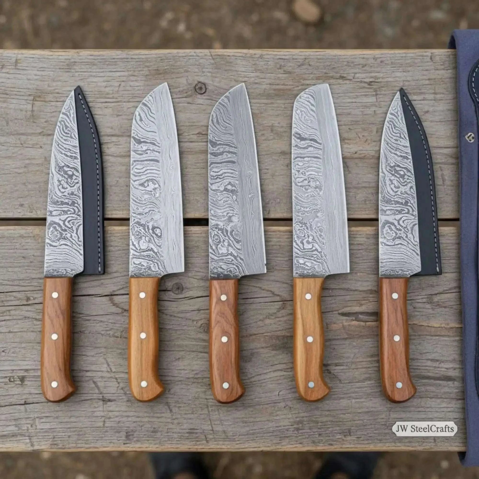 Palmarius Outdoors 5-Piece Rustic Damascus Kitchen Knife Set with Olive Wood Handles & Swirl Damascus Blades Handmade Chef Knife Sets