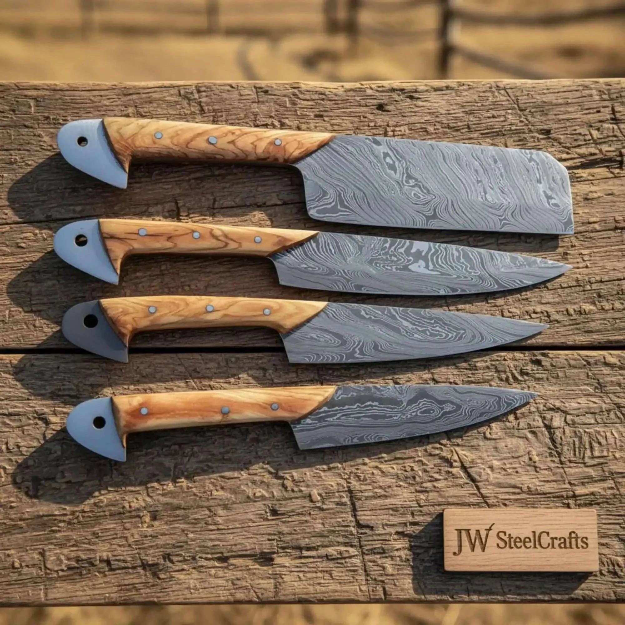 Palmarius Outdoors JW SteelCrafts 4-Piece Damascus Kitchen Knife Set — Cleaver, Gyuto, Utility & Paring Knife with Olive Wood Handles Handmade Chef Knife Sets
