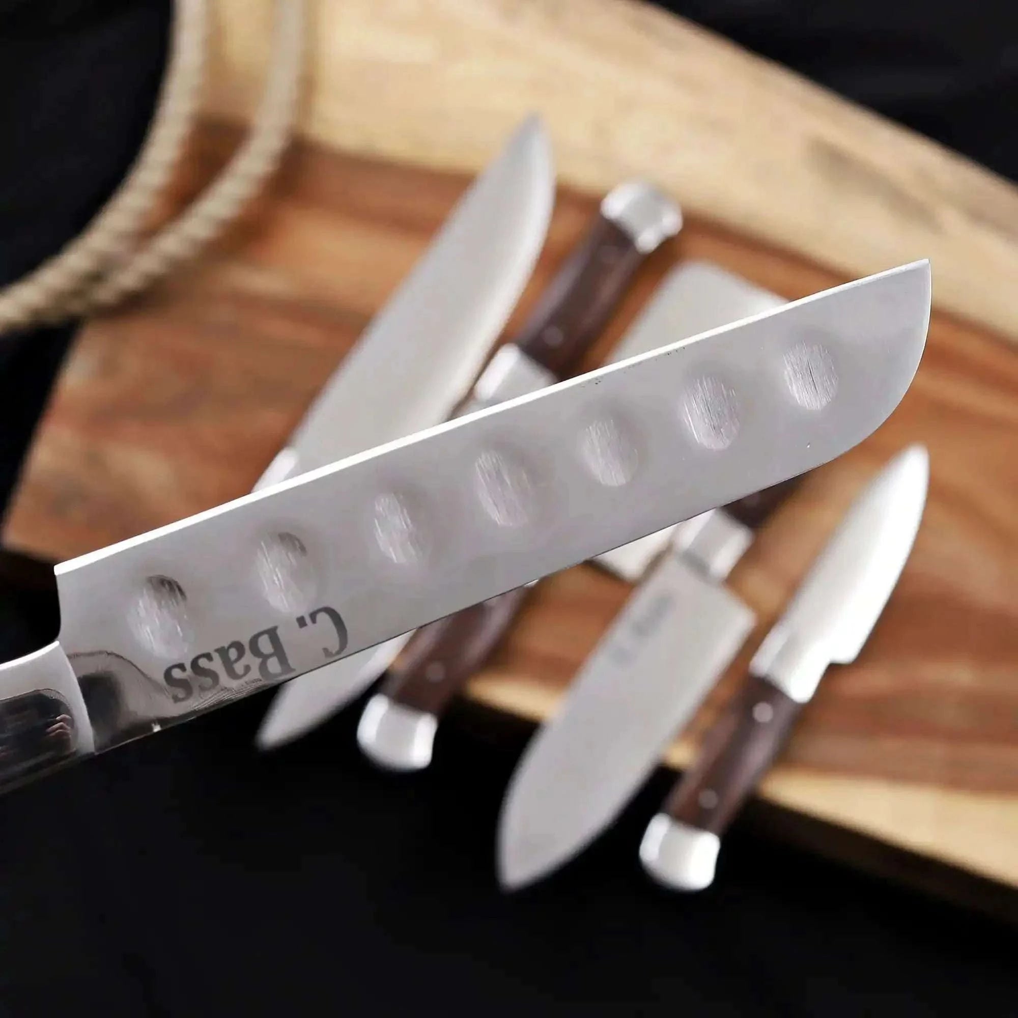 Palmarius Outdoors 6-Piece High Carbon Steel Kitchen Knife Set with Leather Roll — Olive Wood Handles, Steel Bolsters, 7 to 12 Inc Handmade Chef Knife Sets