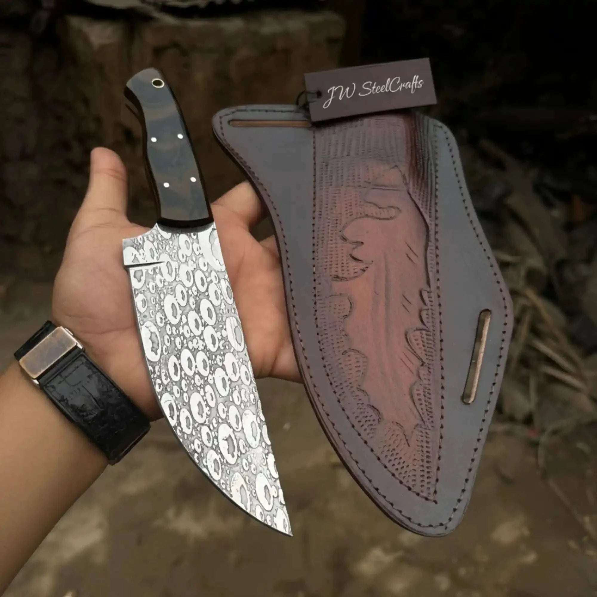 Palmarius Outdoors Serbian Utility Knife 9” – Acid Etched Blade with Cross Sheath 