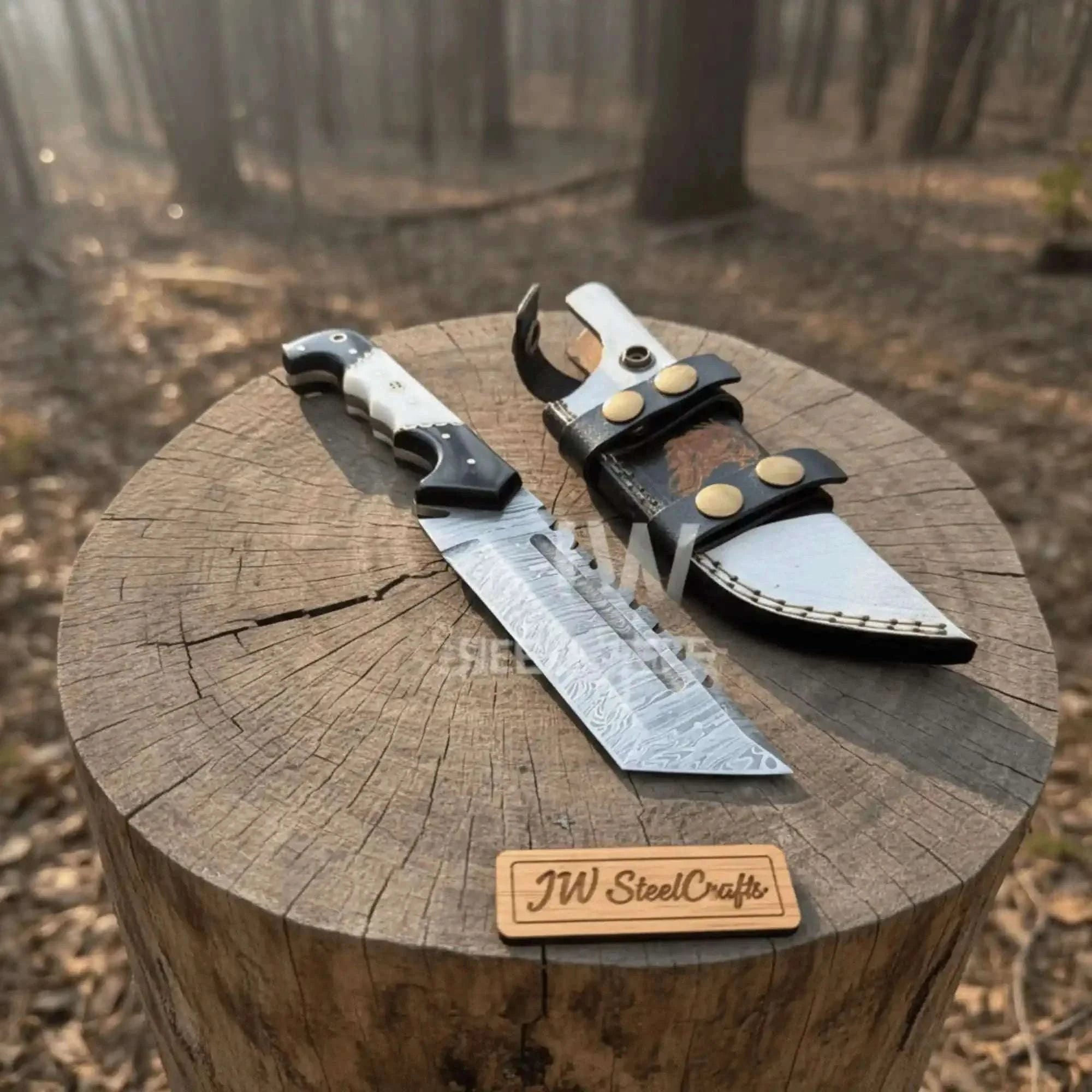 Palmarius Outdoors Ironbark Tracker Damascus Knife 10" Black & White Resin Handle, Filework Spine, Curved Guard & Leather Sheath Handmade Tracker Knives