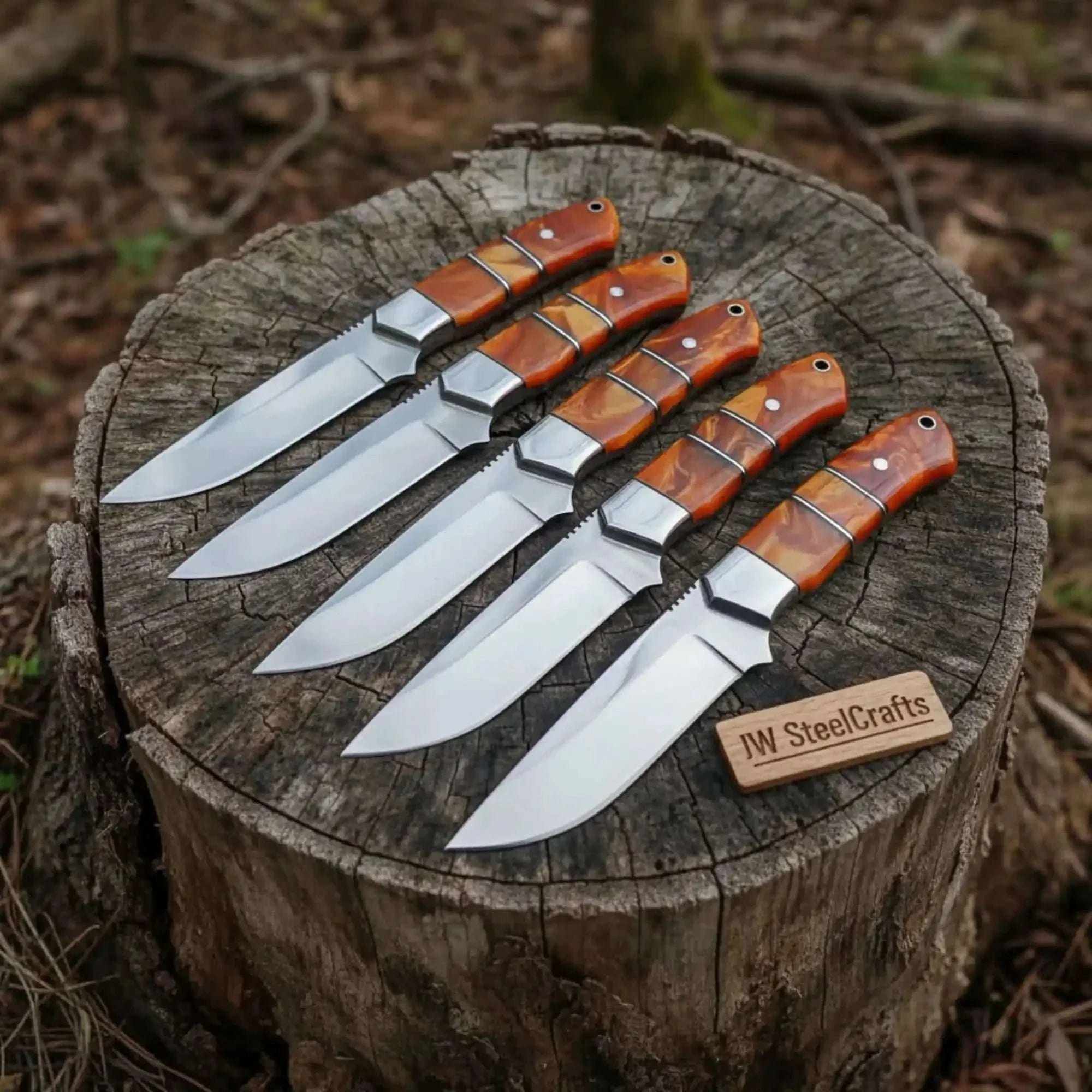 Palmarius Outdoors Handmade Artisan Scandi Bushcraft Knife Set 5-Piece with Scandi Grind & Orange Resin Handles Bushcraft Knife