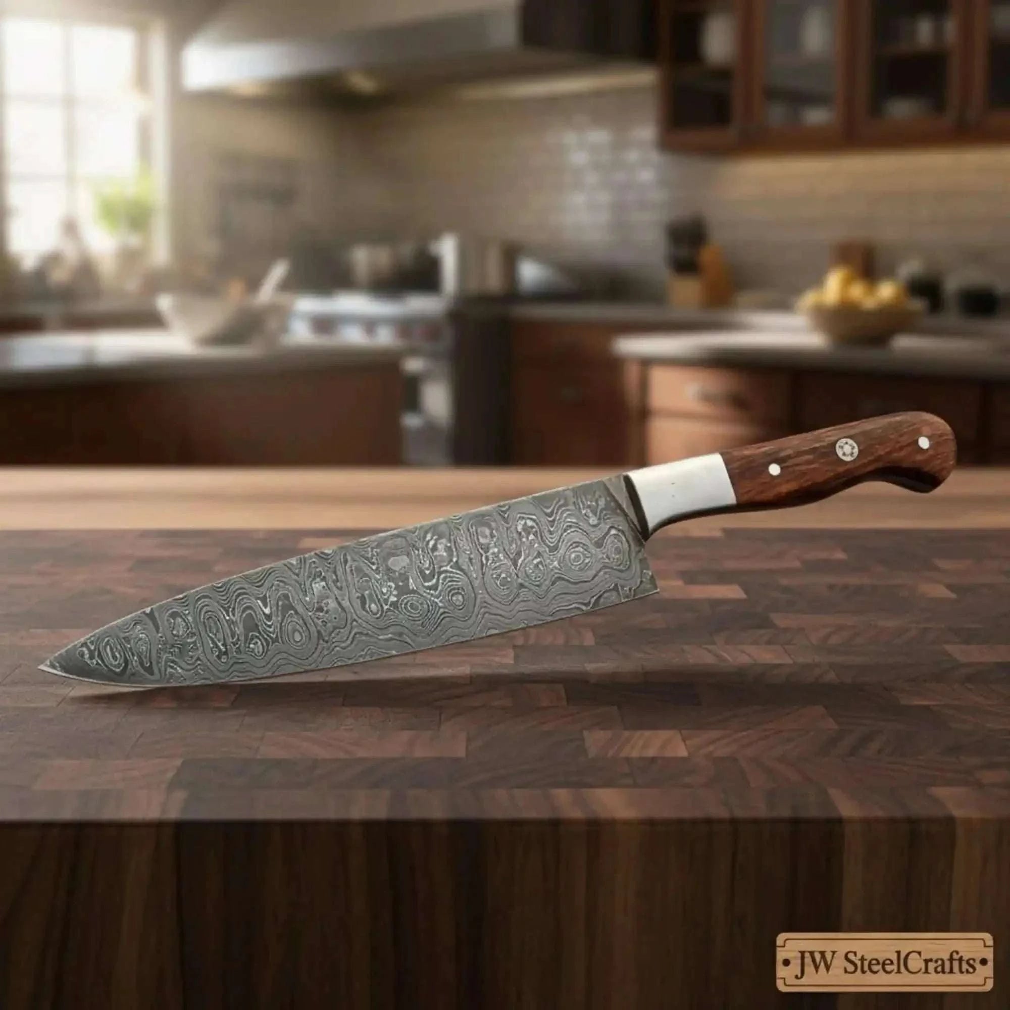 Palmarius Outdoors 13" Raindrop Damascus Kiritsuke Kitchen Knife — 8" Blade with Rosewood Handle & Steel Bolster Damascus Steel Chef Knives