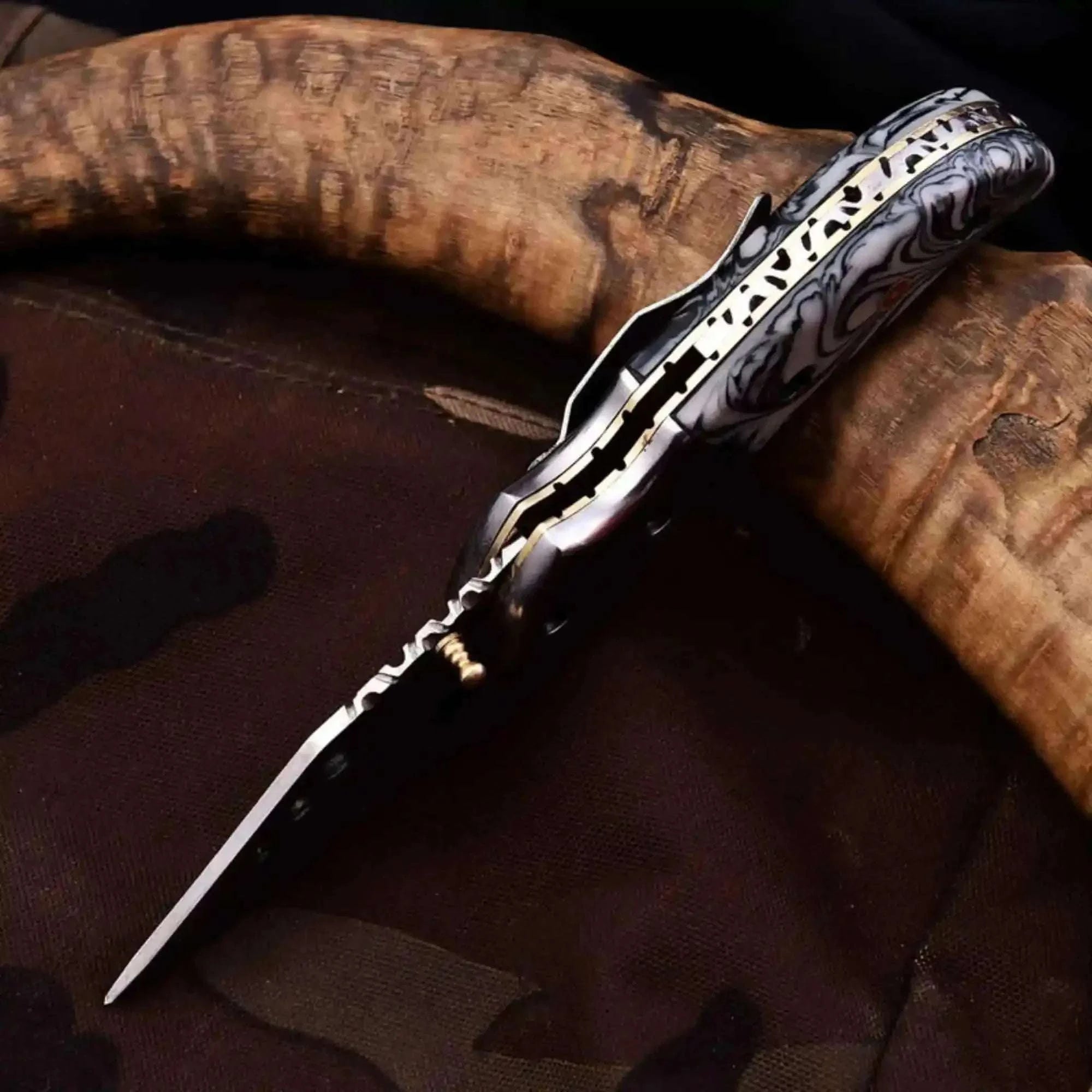Palmarius Outdoors Marble Resin Folding Pocket Knife with Drop Point Blade Liner Lock Folder