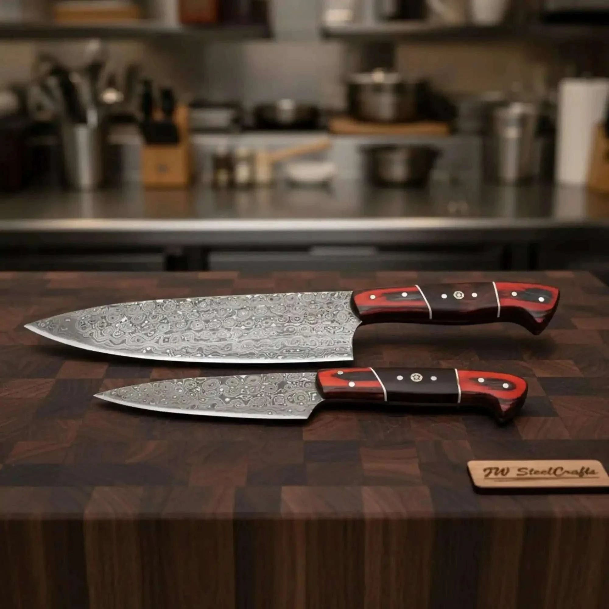 Palmarius Outdoors Damascus Gyuto & Petty Knife Pair — 13 & 8 Inch Blades with Red Pakka Wood & Rosewood Handles and Mosaic Pins | JW Steel Crafts Damascus Steel Chef Knives