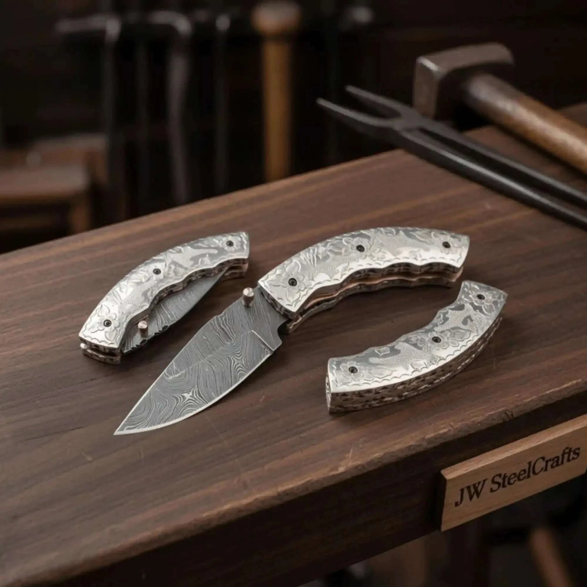 Palmarius Outdoors Handmade Damascus Steel Folding Knife – Engraved Brass Handle EDC Pocket Knife with Leather Sheath Liner Lock Folder