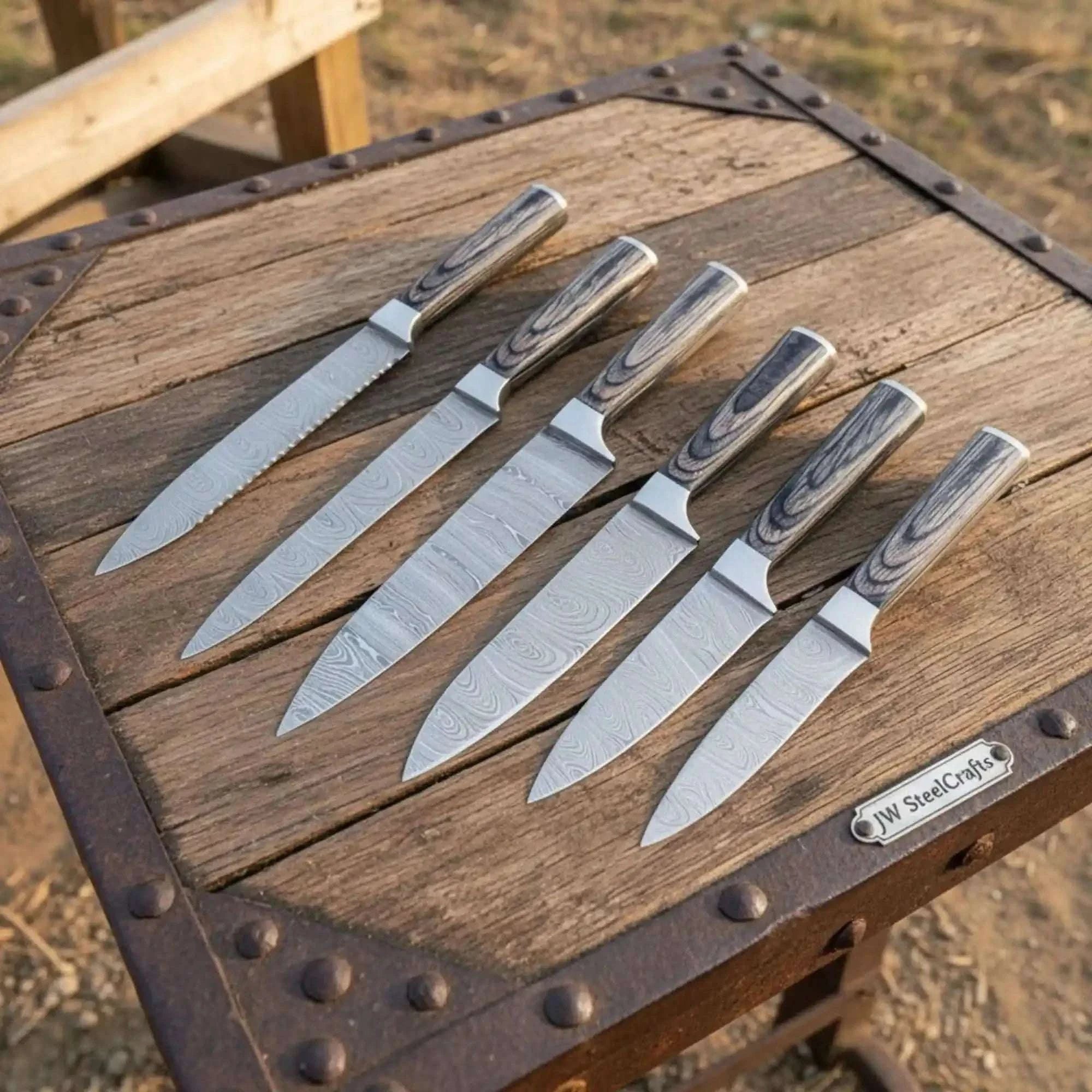 Palmarius Outdoors Handmade Damascus Chef Knife Set 6 Piece Professional Kitchen Knife Collection Full Tang Wood Handles Handmade Chef Knife Sets