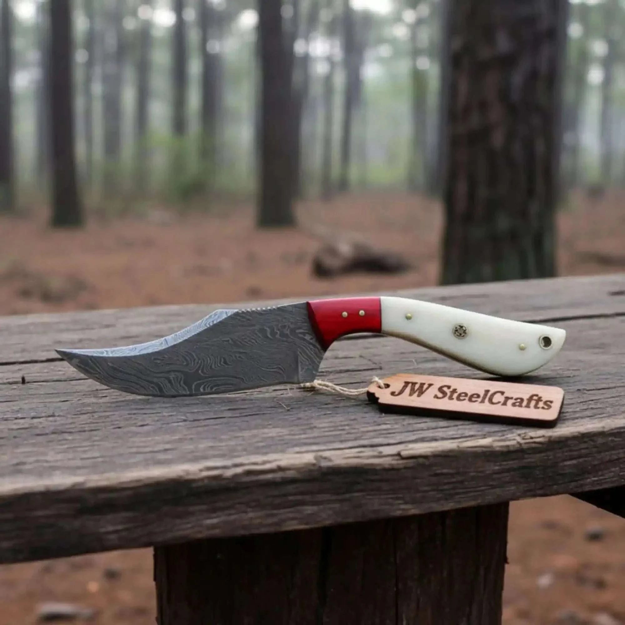 Palmarius Outdoors Damascus Skinner Knife Bone Red Pakka 6” Overall Skinner Knife
