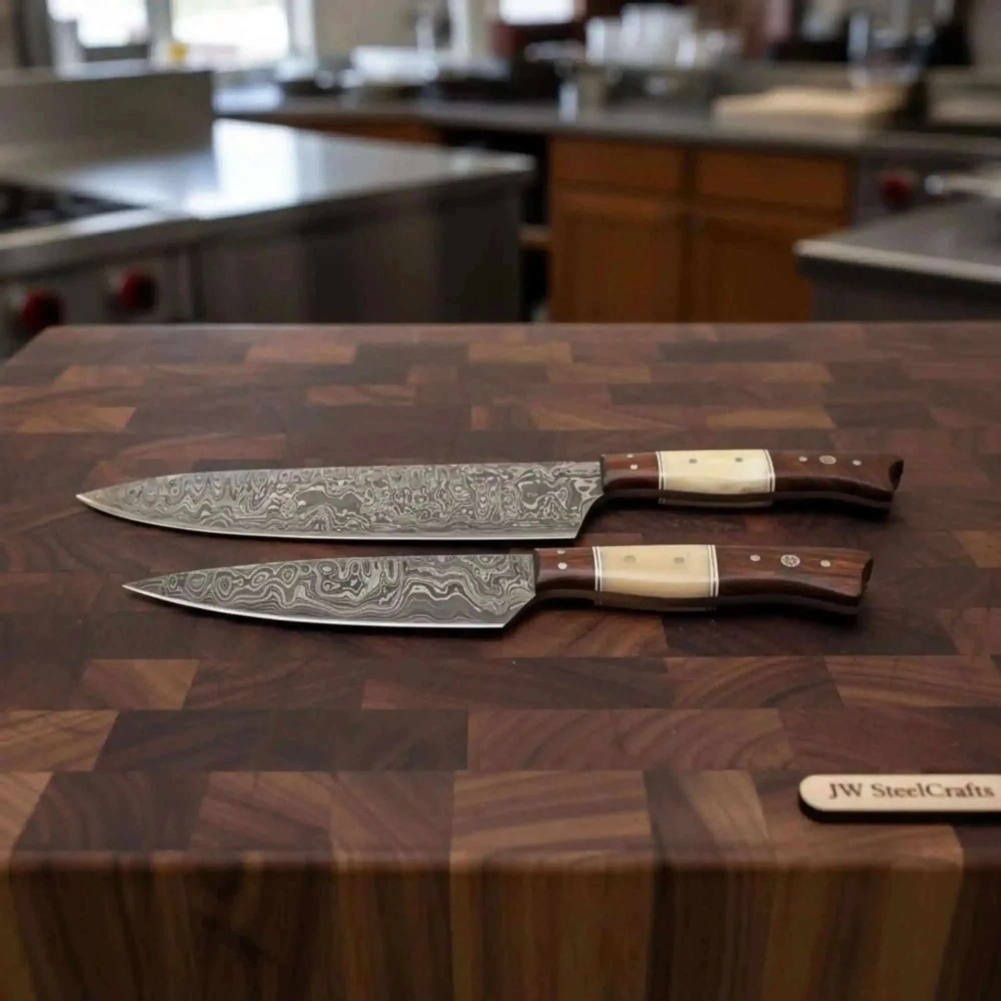 Palmarius Outdoors 2-Piece Raindrop Damascus Carving & Utility Knife Set — 11" Blades with Bone and Rosewood Handles Damascus Steel Chef Knives