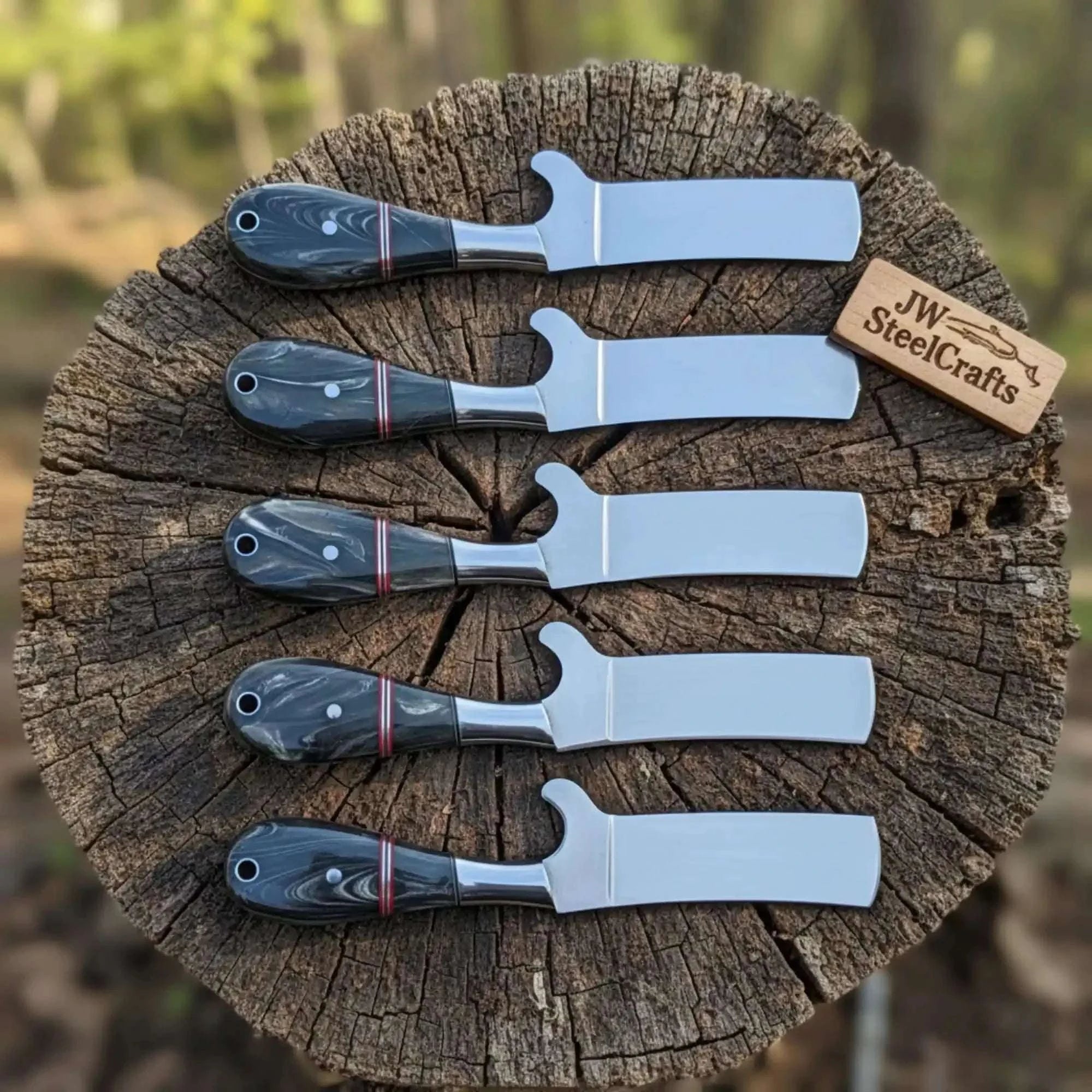 Palmarius Outdoors Custom Handmade Stainless Steel Bull Cutter Knife Set with Black Marbled Resin Handles Handmade Tracker Knives