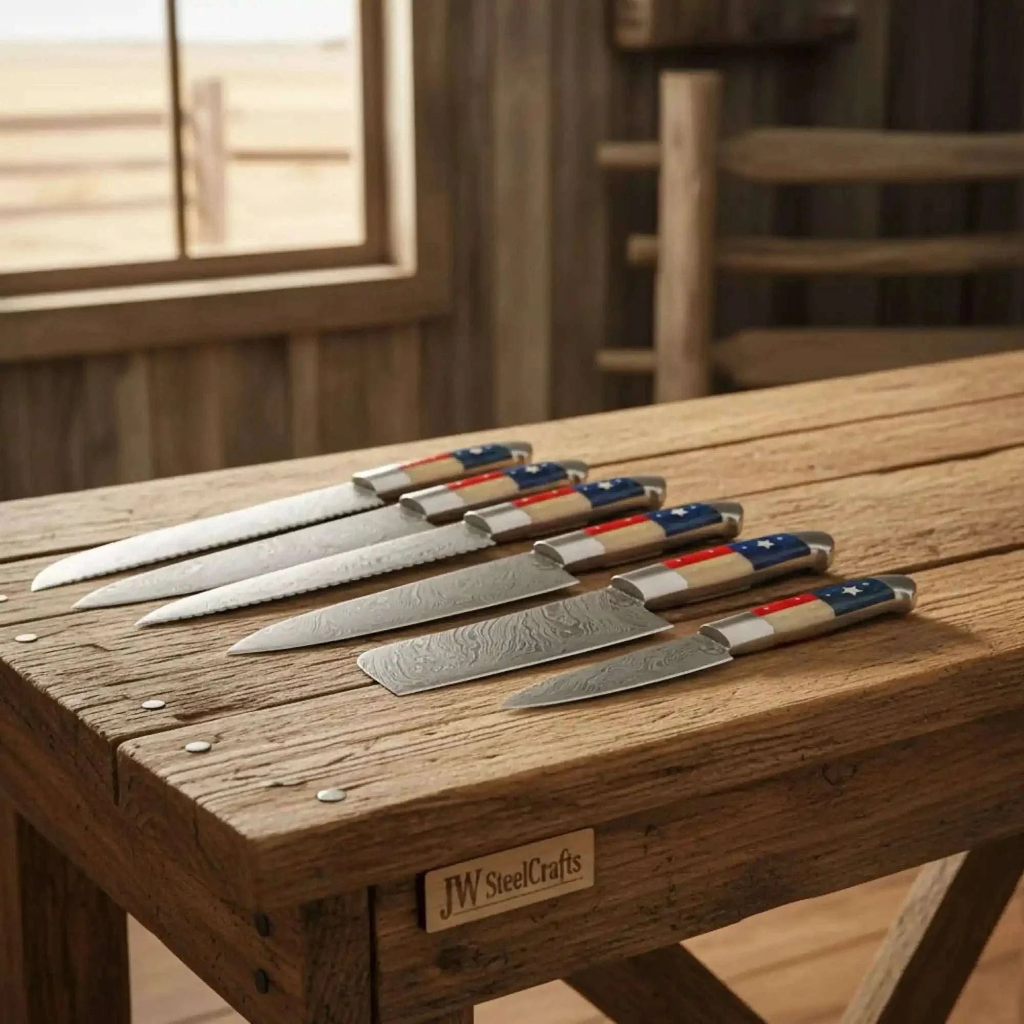 Palmarius Outdoors 6-Piece Texas Flag Damascus Steak & Utility Knife Set — Pakka Wood & Bone Handles Steak Knives