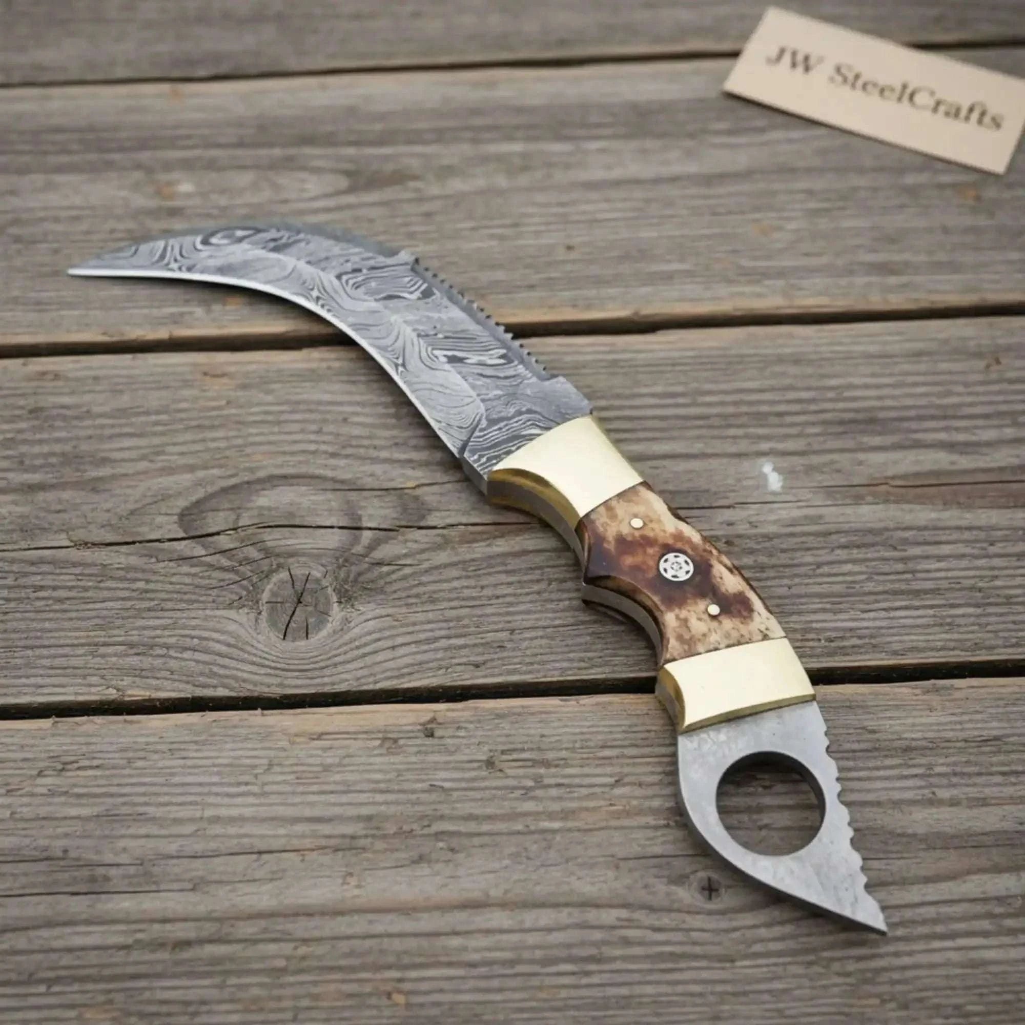 Palmarius Outdoors Damascus Steel Knife with Burned Bone Handle & Brass Bolster Damascus Knife