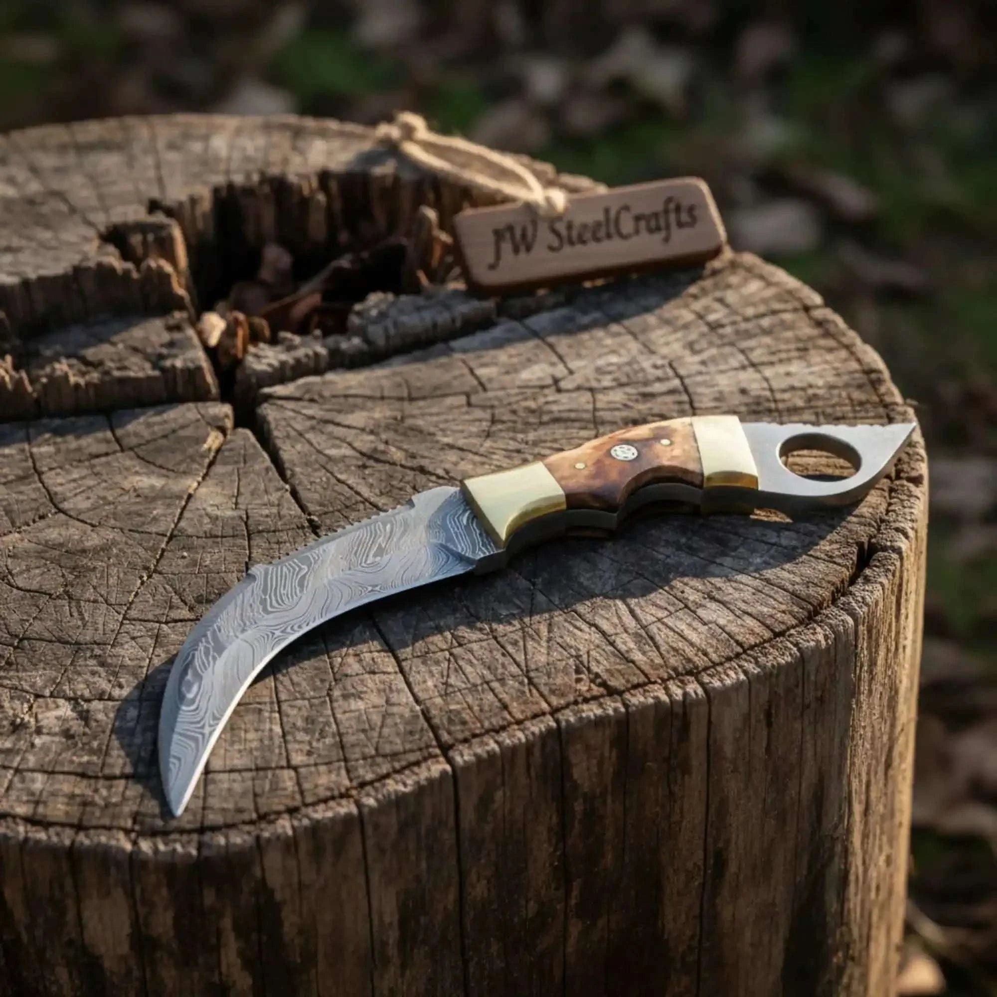 Palmarius Outdoors Damascus Steel Knife with Burned Bone Handle & Brass Bolster Damascus Knife
