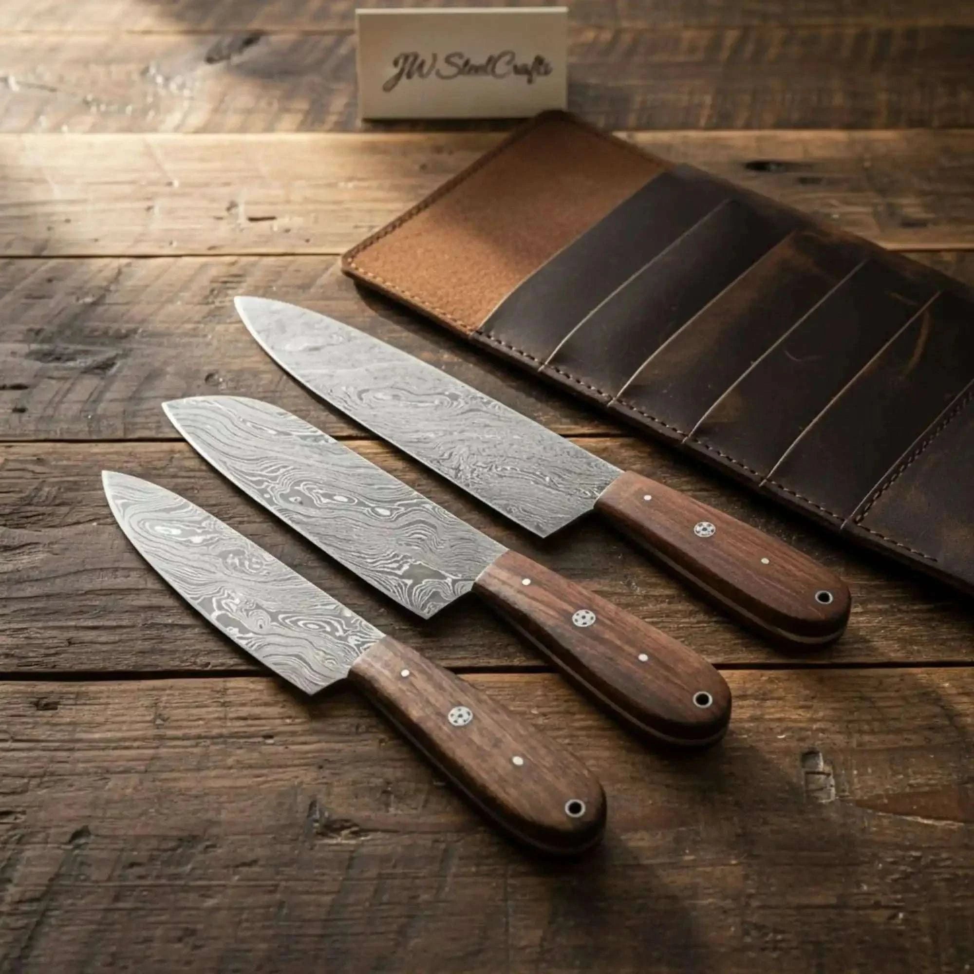 Palmarius Outdoors Handmade Damascus Steel Knife Set with Leather Roll, Rosewood Handle Kitchen Collection Handmade Chef Knife Sets