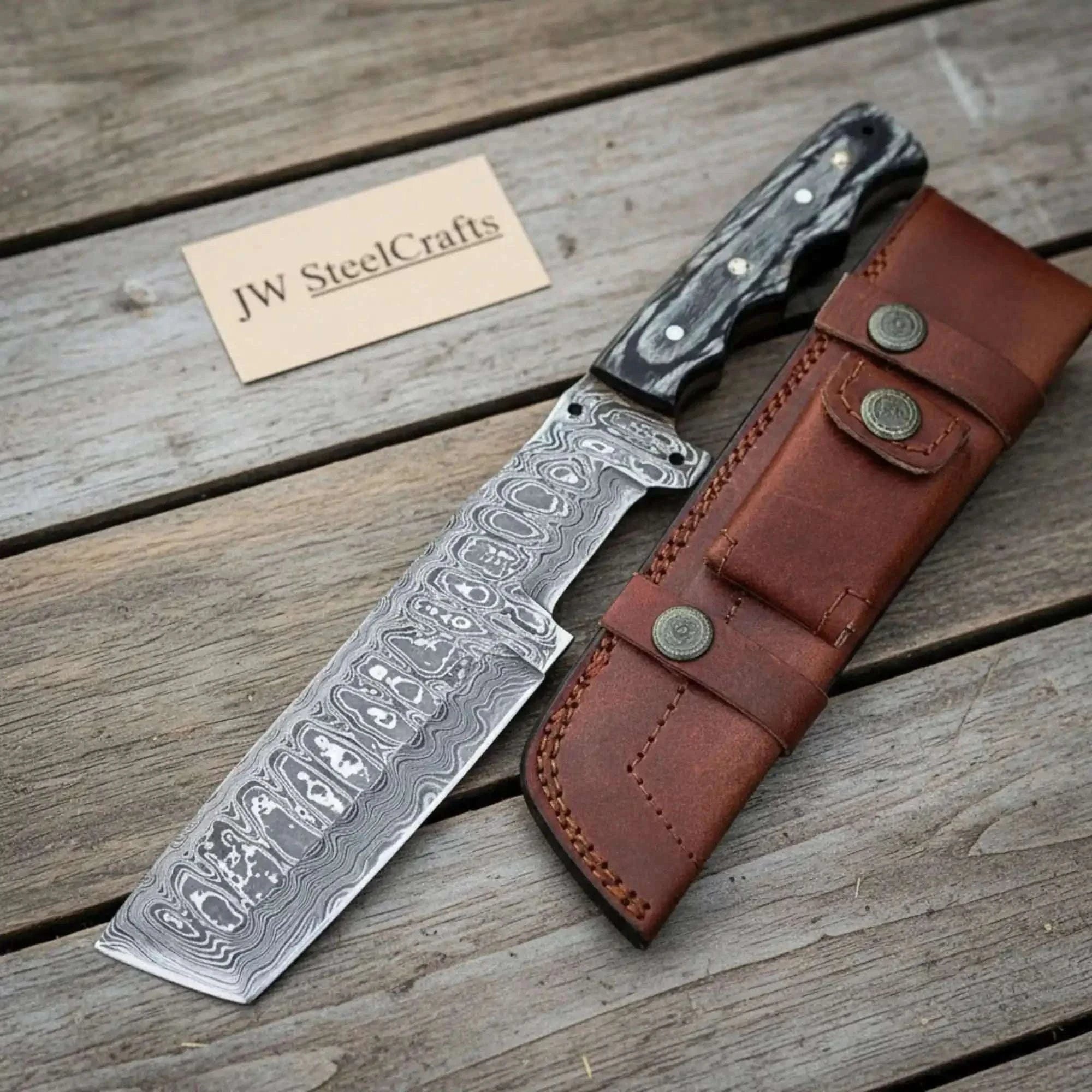Palmarius Outdoors Handmade Damascus Steel Tracker Knife with Leather Sheath & Wooden Handle Tracker Knife