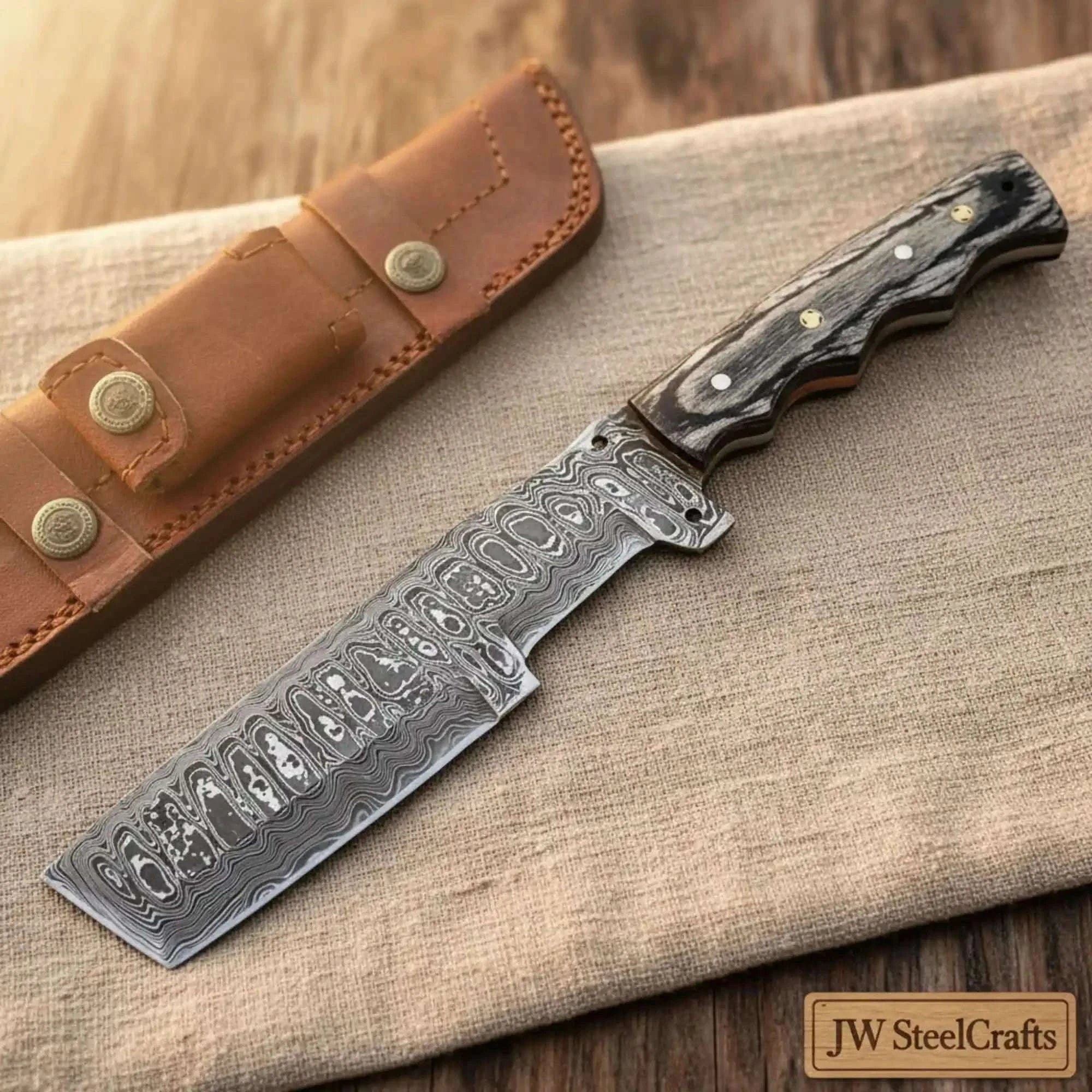 Palmarius Outdoors Handmade Damascus Steel Tracker Knife with Leather Sheath & Wooden Handle Tracker Knife